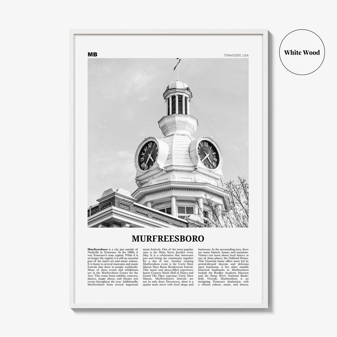 Murfreesboro Print Black and White, Murfreesboro Wall Art, Murfreesboro Poster, Murfreesboro Photo, Murfreesboro Map, Tennessee, USA