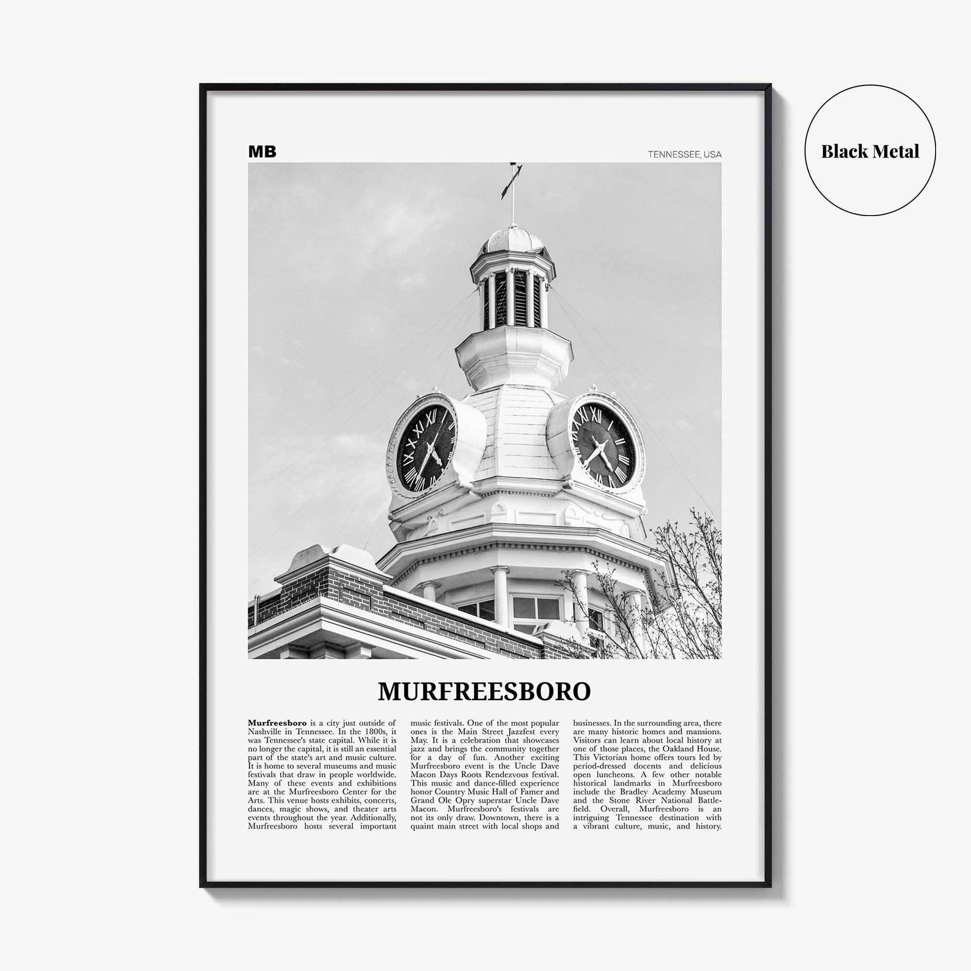 Murfreesboro Print Black and White, Murfreesboro Wall Art, Murfreesboro Poster, Murfreesboro Photo, Murfreesboro Map, Tennessee, USA