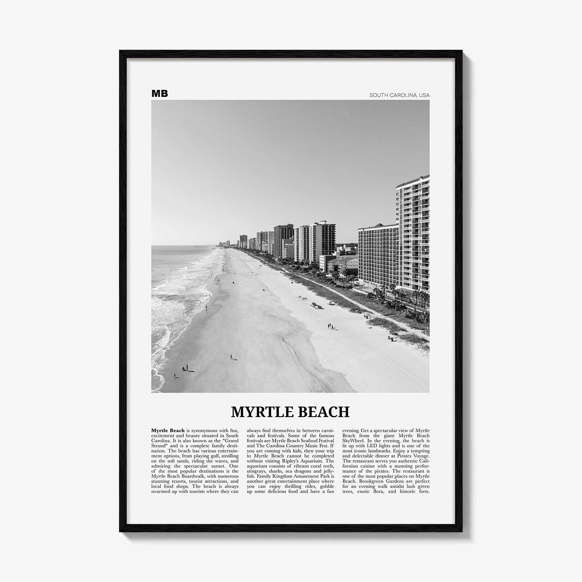 Myrtle Beach Print Black and White, Myrtle Beach Wall Art, Myrtle Beach Poster, Myrtle Beach Photo, Myrtle Beach Map, South Carolina, USA