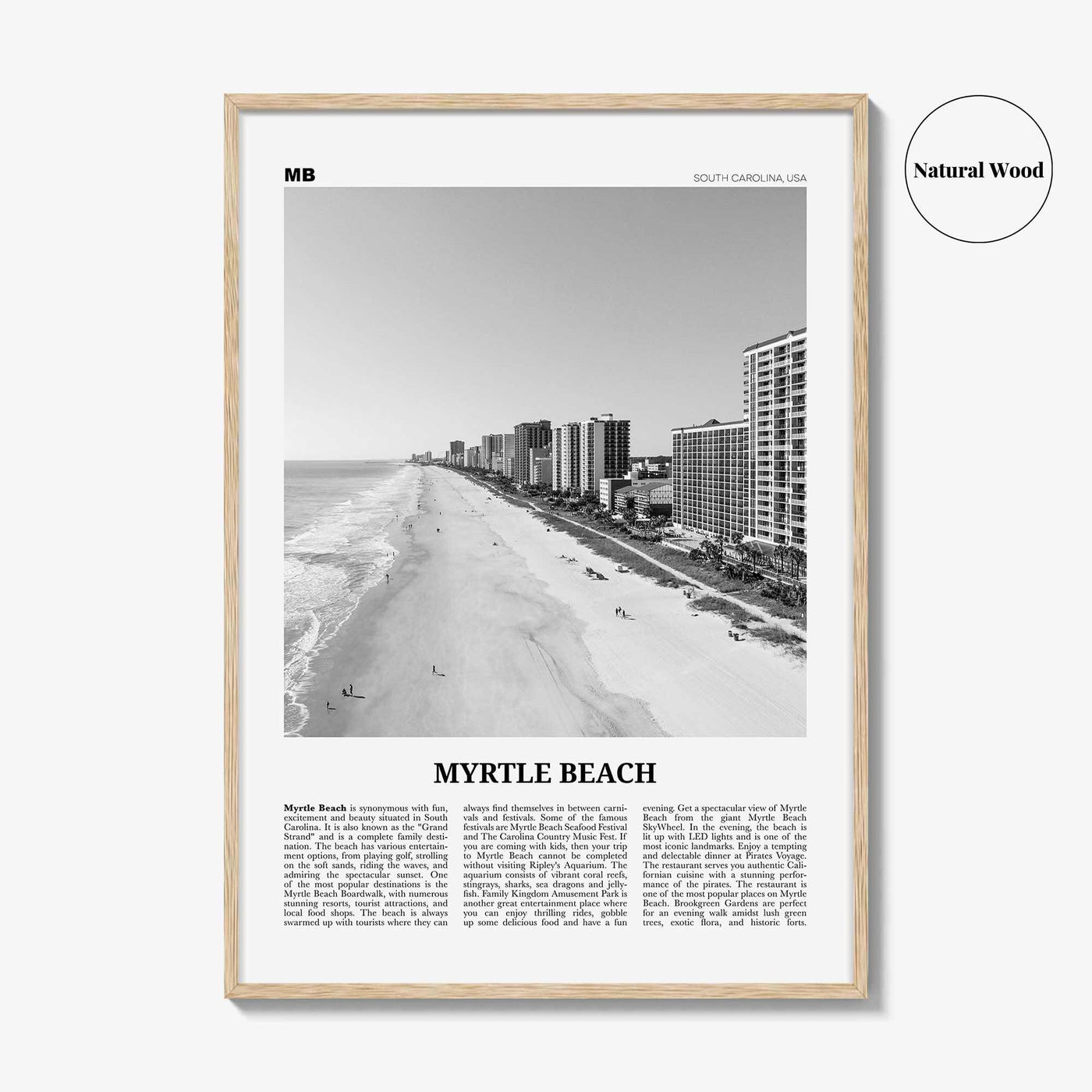 Myrtle Beach Print Black and White, Myrtle Beach Wall Art, Myrtle Beach Poster, Myrtle Beach Photo, Myrtle Beach Map, South Carolina, USA