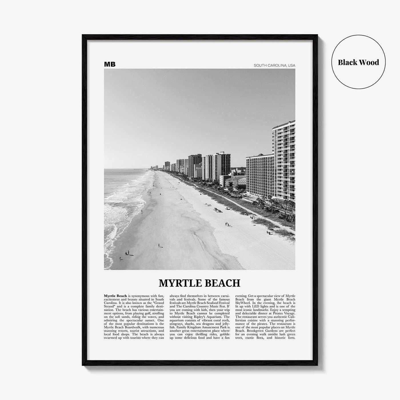 Myrtle Beach Print Black and White, Myrtle Beach Wall Art, Myrtle Beach Poster, Myrtle Beach Photo, Myrtle Beach Map, South Carolina, USA