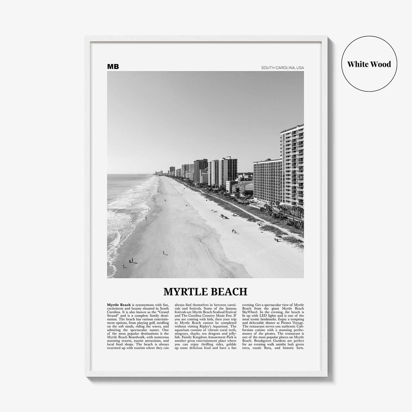 Myrtle Beach Print Black and White, Myrtle Beach Wall Art, Myrtle Beach Poster, Myrtle Beach Photo, Myrtle Beach Map, South Carolina, USA