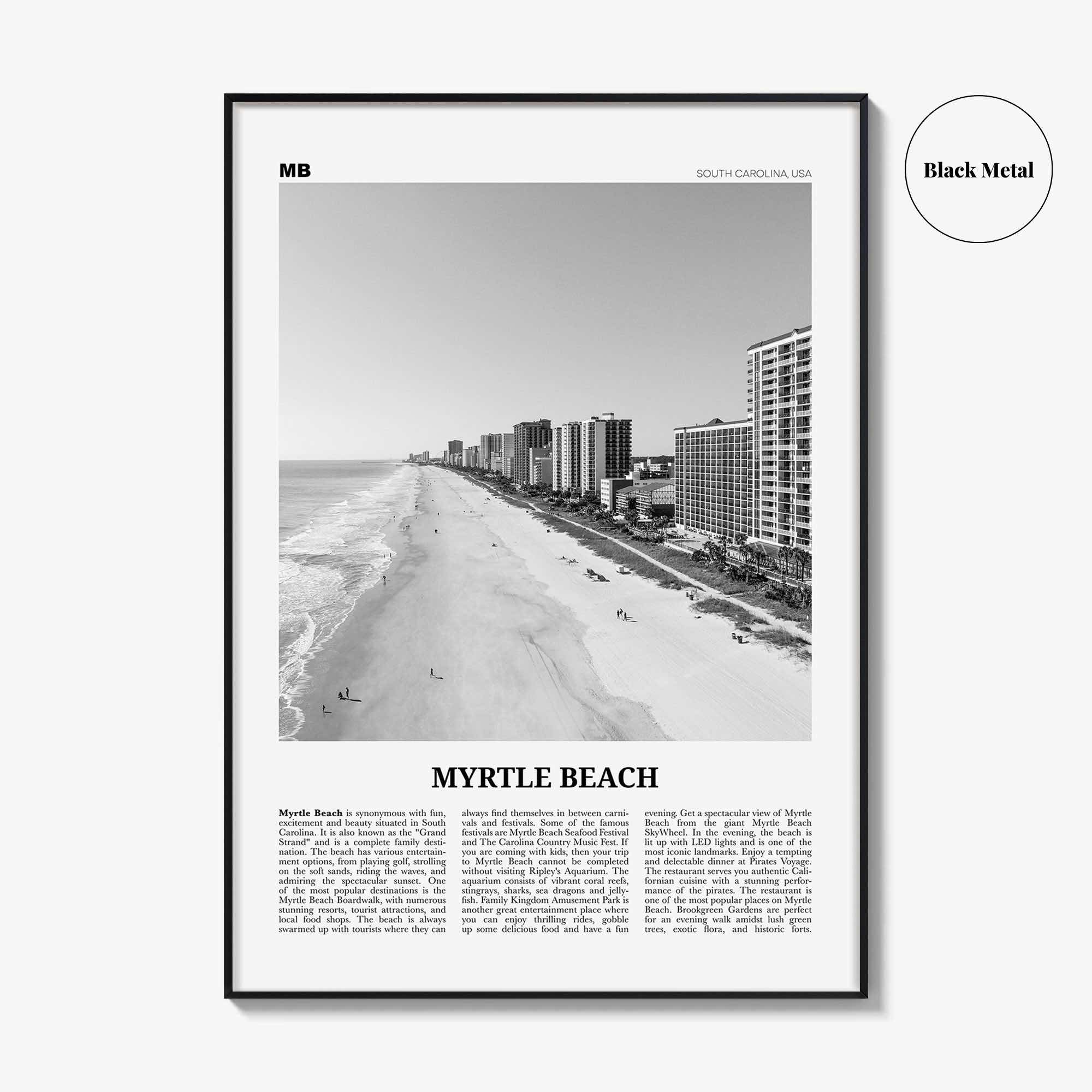 Myrtle Beach Print Black and White, Myrtle Beach Wall Art, Myrtle Beach Poster, Myrtle Beach Photo, Myrtle Beach Map, South Carolina, USA