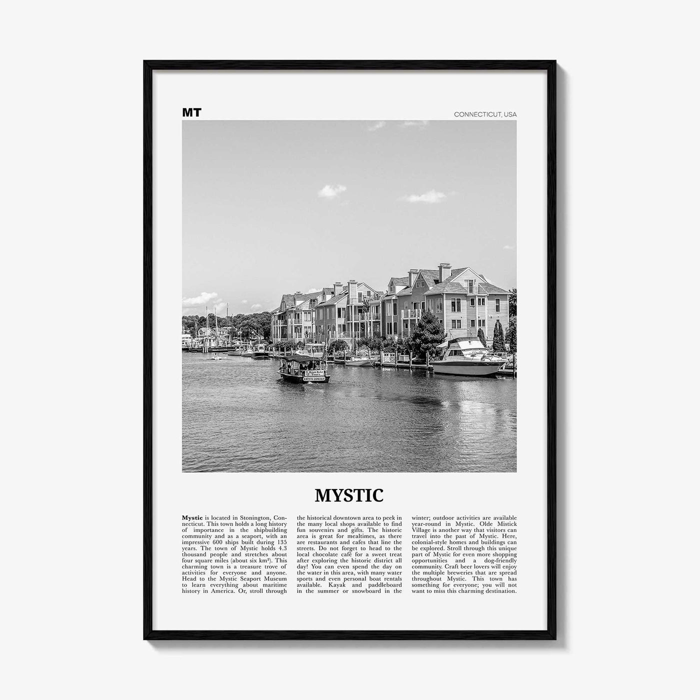 Mystic Print Black and White, Mystic Wall Art, Mystic Poster, Mystic Photo, Mystic Wall Décor, Mystic Map, Connecticut, USA