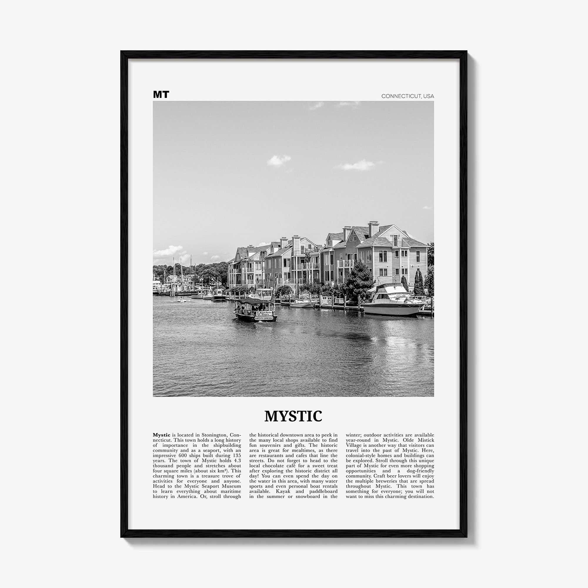 Mystic Print Black and White, Mystic Wall Art, Mystic Poster, Mystic Photo, Mystic Wall Décor, Mystic Map, Connecticut, USA