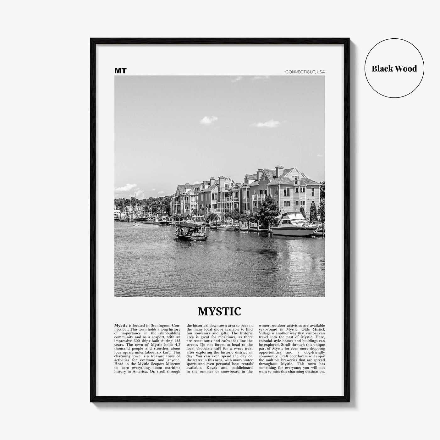 Mystic Print Black and White, Mystic Wall Art, Mystic Poster, Mystic Photo, Mystic Wall Décor, Mystic Map, Connecticut, USA