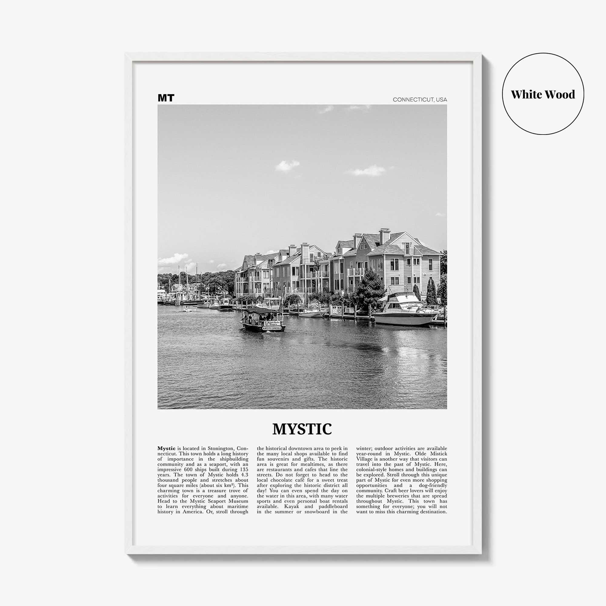 Mystic Print Black and White, Mystic Wall Art, Mystic Poster, Mystic Photo, Mystic Wall Décor, Mystic Map, Connecticut, USA