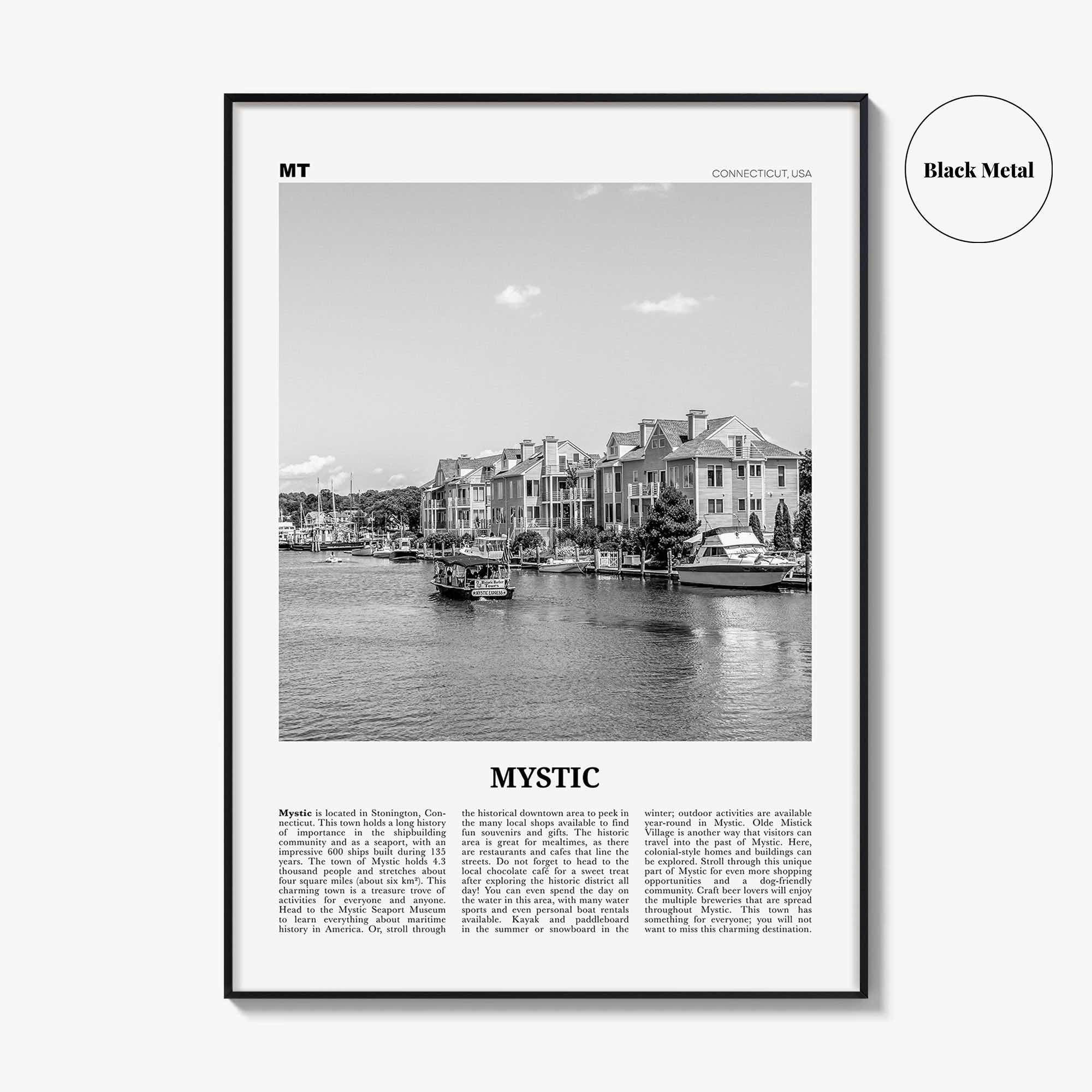 Mystic Print Black and White, Mystic Wall Art, Mystic Poster, Mystic Photo, Mystic Wall Décor, Mystic Map, Connecticut, USA