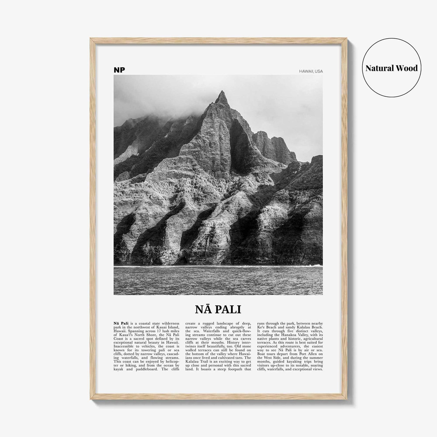 Na Pali Print Black and White, Nā Pali Wall Art, Nā Pali Poster, Nā Pali Photo, Nā Pali Wall Décor, Nā Pali Map, Hawaii, USA