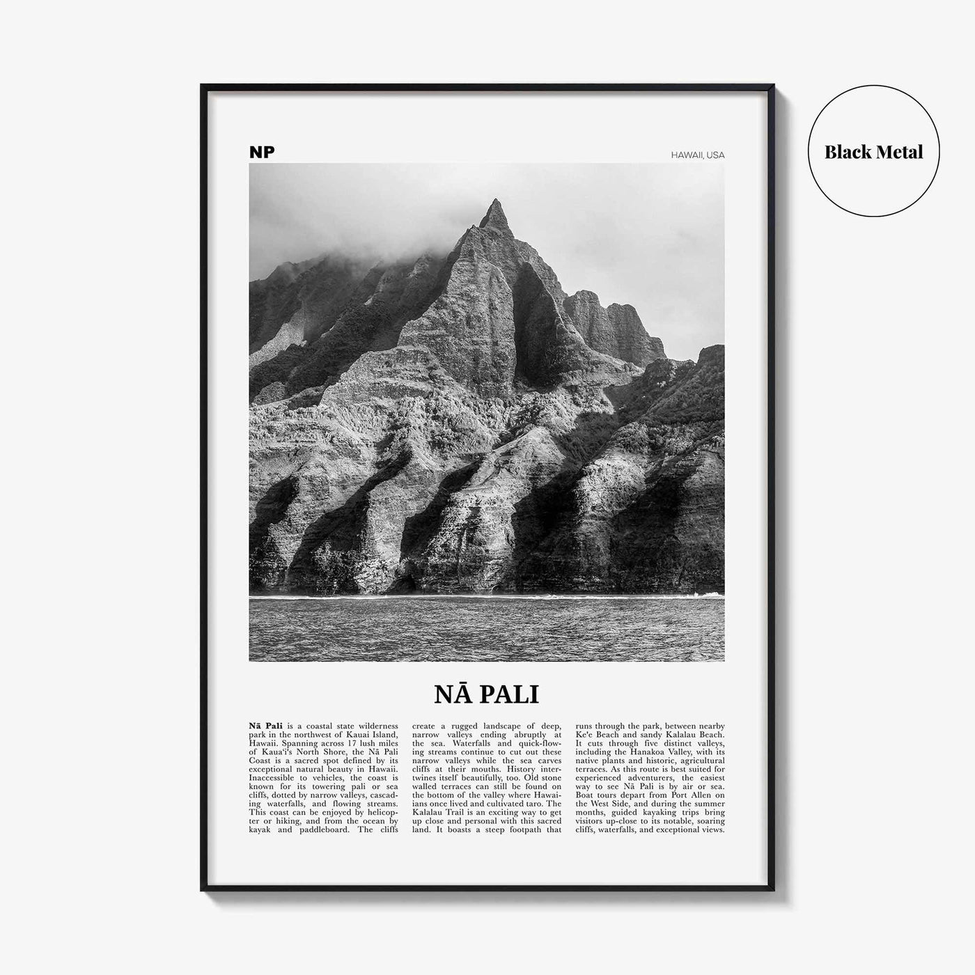 Na Pali Print Black and White, Nā Pali Wall Art, Nā Pali Poster, Nā Pali Photo, Nā Pali Wall Décor, Nā Pali Map, Hawaii, USA
