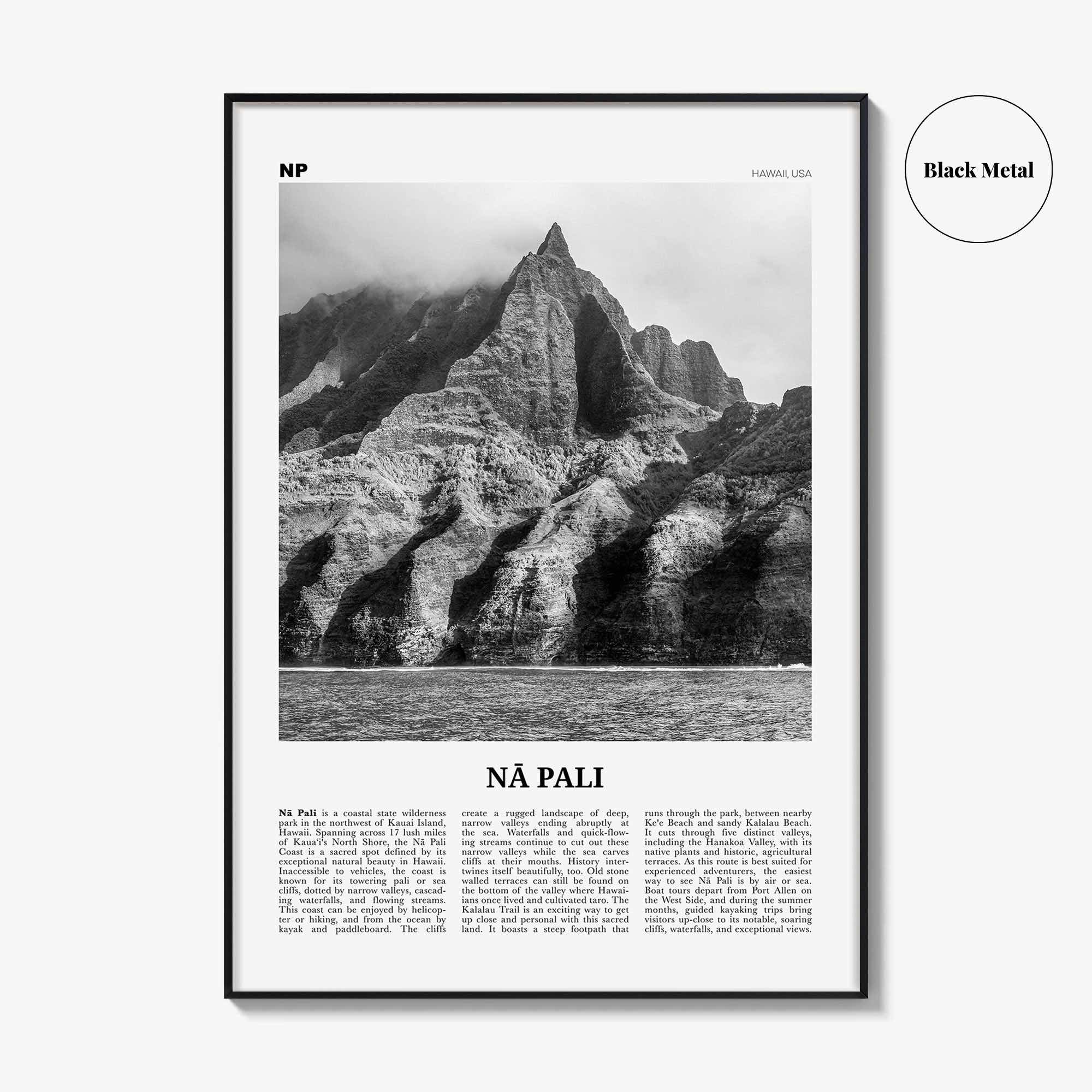 Na Pali Print Black and White, Nā Pali Wall Art, Nā Pali Poster, Nā Pali Photo, Nā Pali Wall Décor, Nā Pali Map, Hawaii, USA