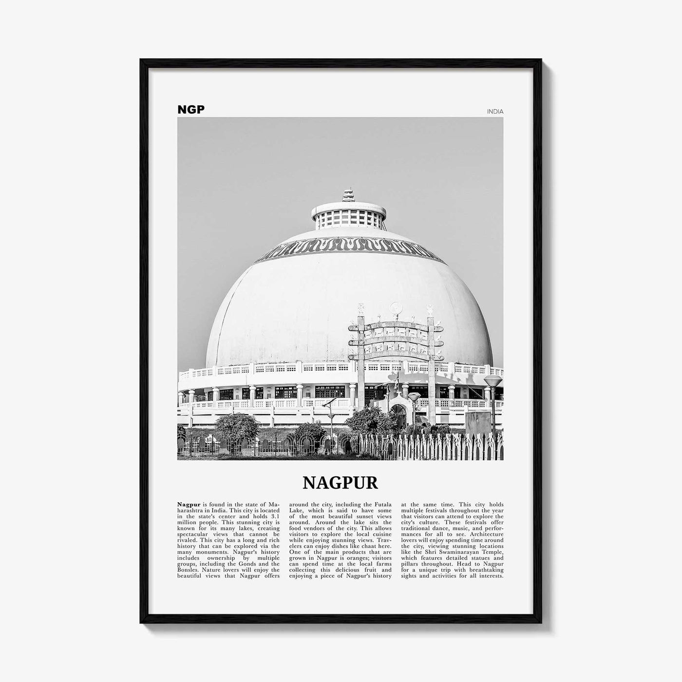 Nagpur Print Black and White, Nagpur Wall Art, Nagpur Poster, Nagpur Photo, Nagpur Wall Décor, Nagpur Map, India