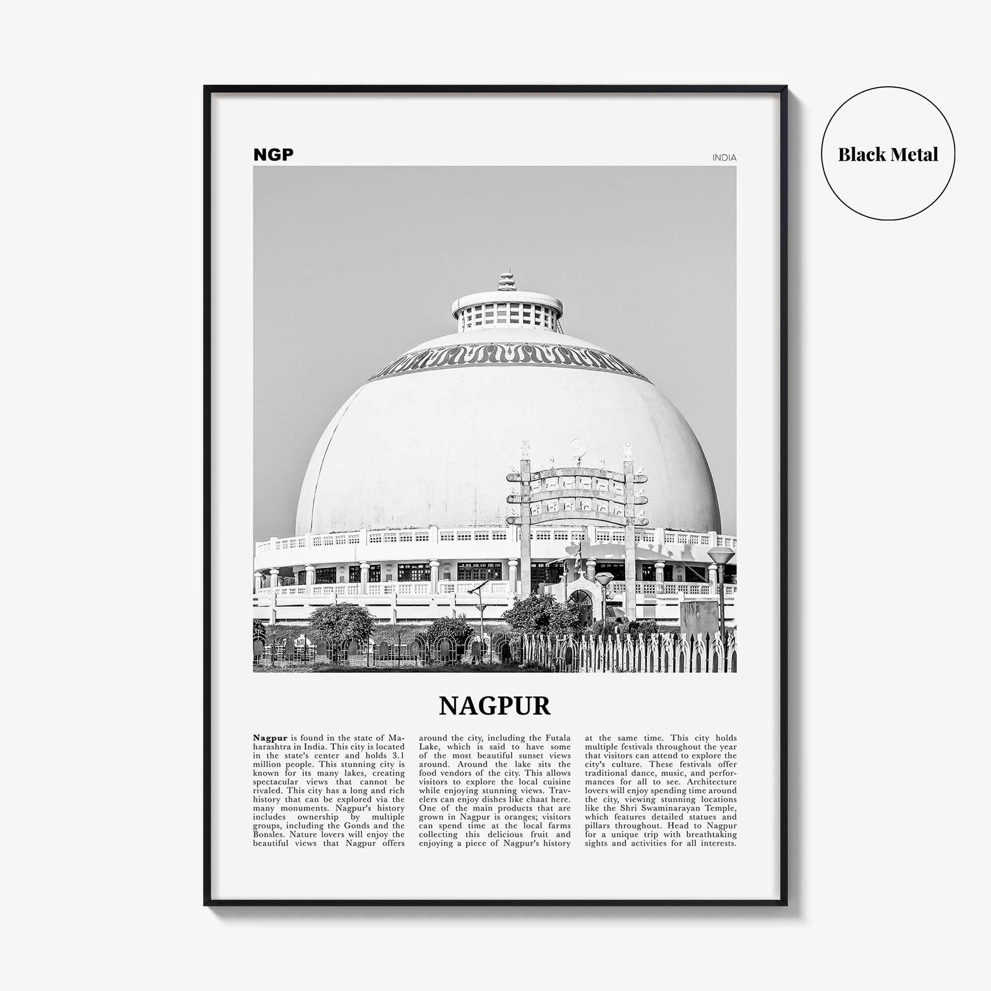 Nagpur Print Black and White, Nagpur Wall Art, Nagpur Poster, Nagpur Photo, Nagpur Wall Décor, Nagpur Map, India