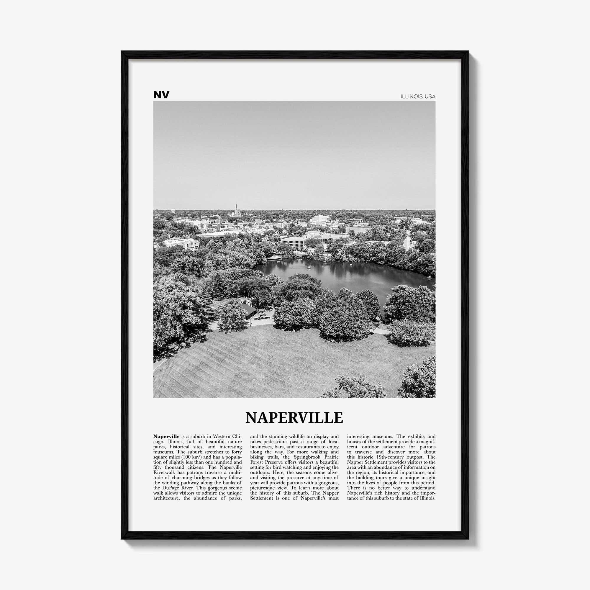 Naperville Print Black and White, Naperville Wall Art, Naperville Poster, Naperville Photo, Naperville Map, Illinois, USA, United States