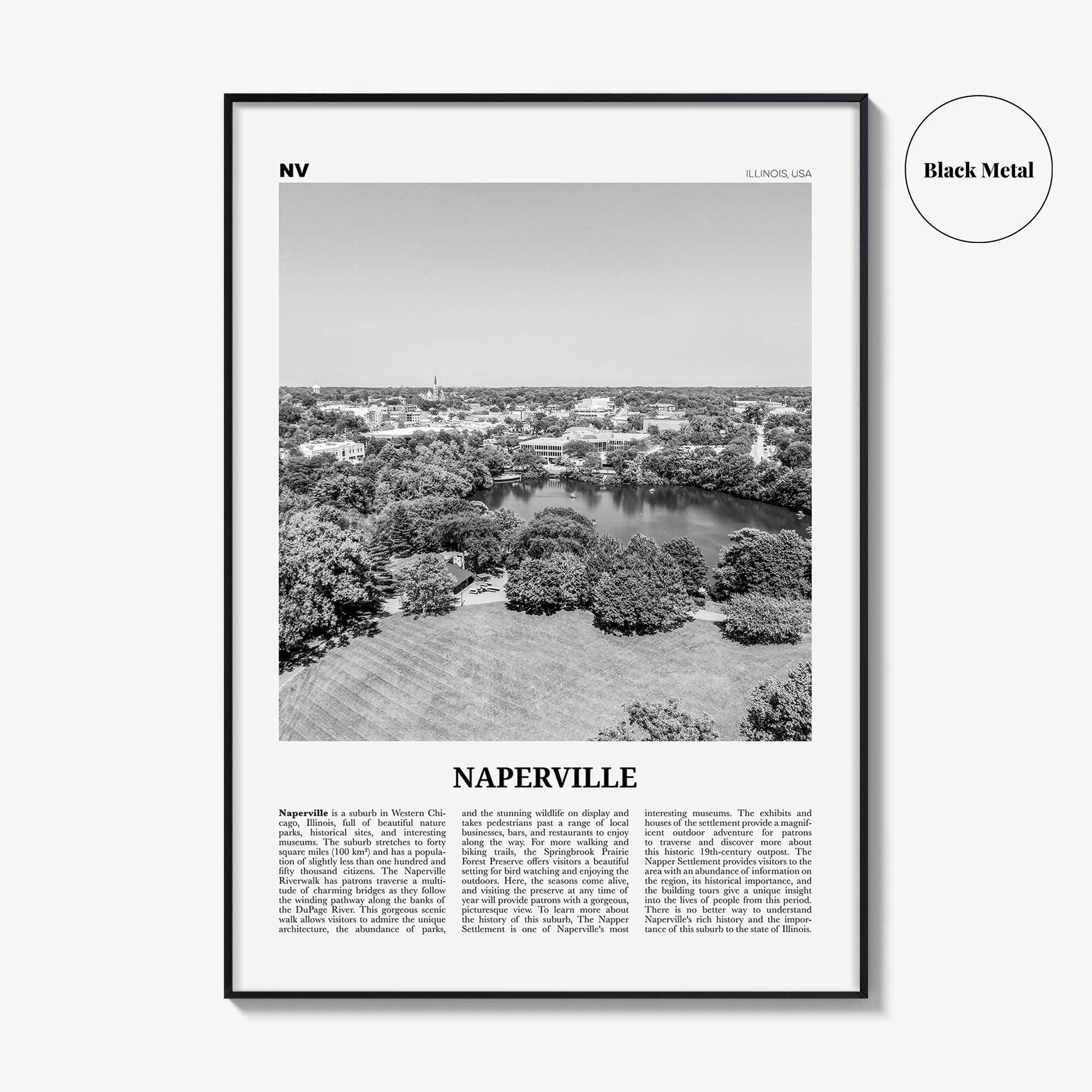 Naperville Print Black and White, Naperville Wall Art, Naperville Poster, Naperville Photo, Naperville Map, Illinois, USA, United States