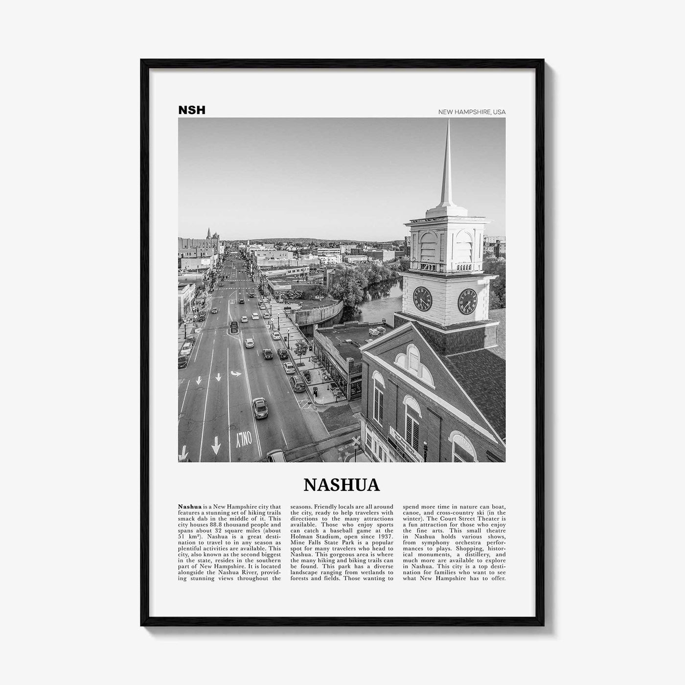 Nashua Print Black and White, Nashua Wall Art, Nashua Poster, Nashua Photo, Nashua Wall Décor, Nashua Map, New Hampshire, USA