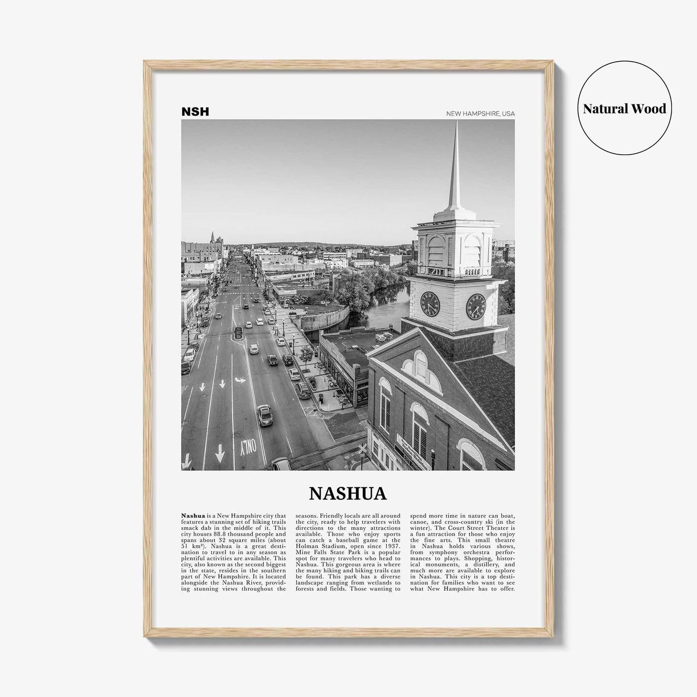 Nashua Print Black and White, Nashua Wall Art, Nashua Poster, Nashua Photo, Nashua Wall Décor, Nashua Map, New Hampshire, USA