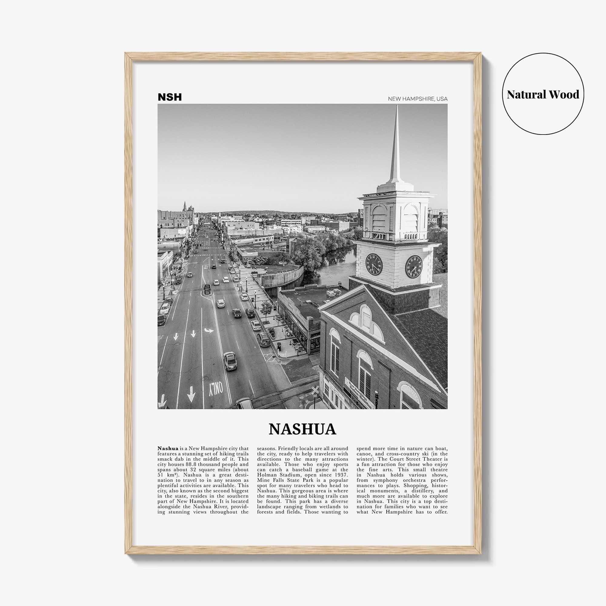 Nashua Print Black and White, Nashua Wall Art, Nashua Poster, Nashua Photo, Nashua Wall Décor, Nashua Map, New Hampshire, USA