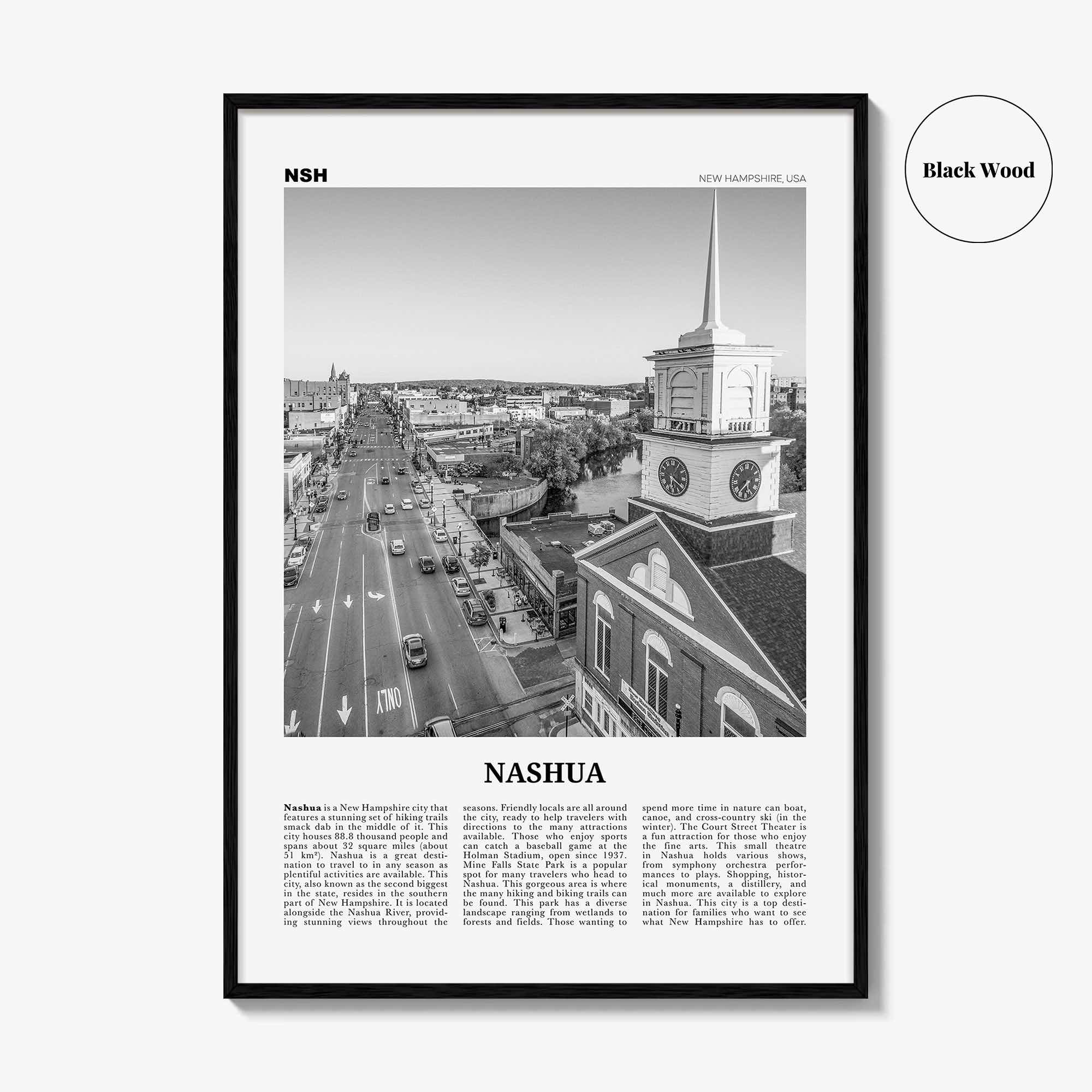 Nashua Print Black and White, Nashua Wall Art, Nashua Poster, Nashua Photo, Nashua Wall Décor, Nashua Map, New Hampshire, USA