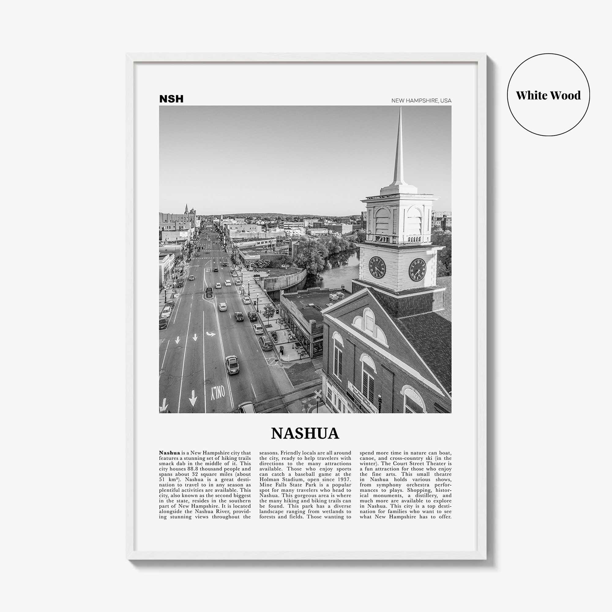 Nashua Print Black and White, Nashua Wall Art, Nashua Poster, Nashua Photo, Nashua Wall Décor, Nashua Map, New Hampshire, USA