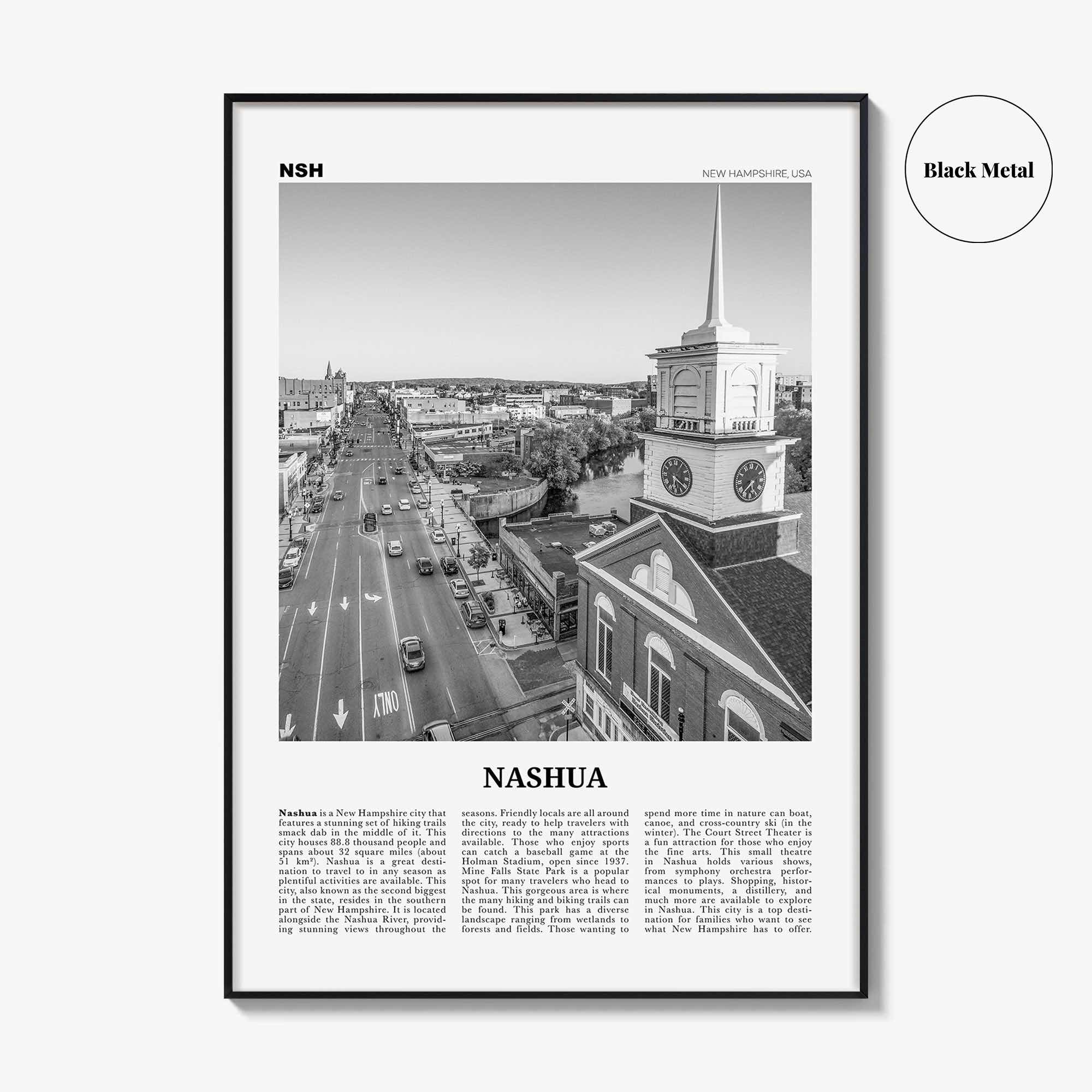 Nashua Print Black and White, Nashua Wall Art, Nashua Poster, Nashua Photo, Nashua Wall Décor, Nashua Map, New Hampshire, USA