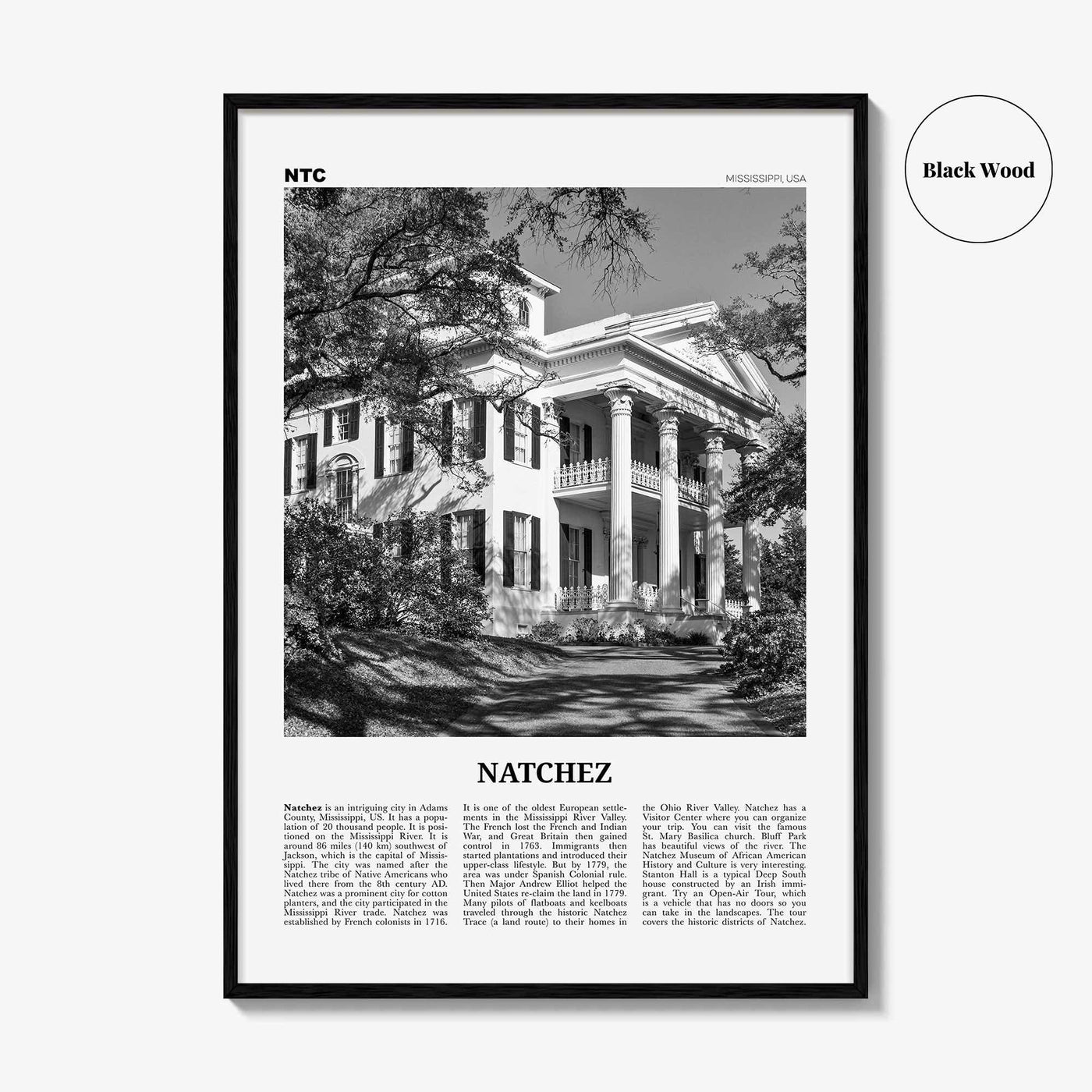 Natchez Print Black and White, Natchez Wall Art, Natchez Poster, Natchez Photo, Natchez Wall Décor, Natchez Map, Mississippi, USA