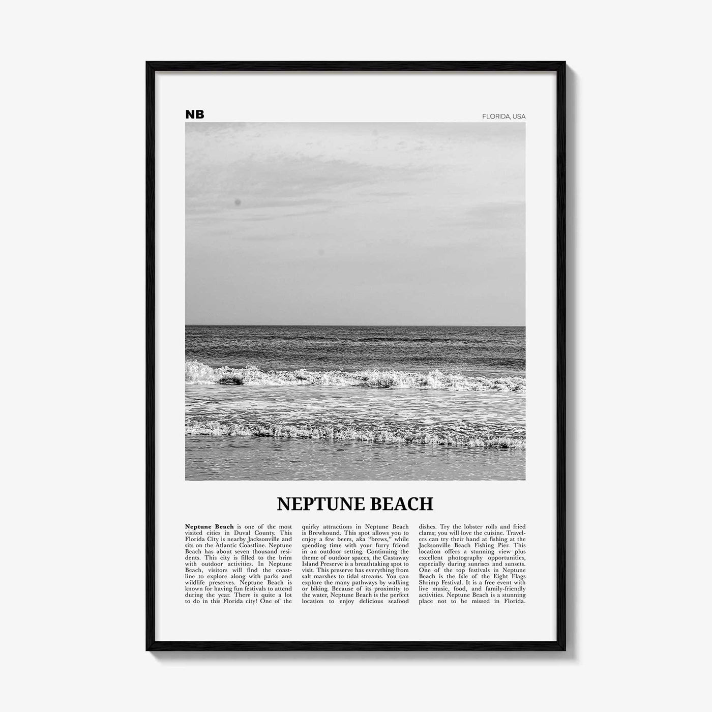 Neptune Beach Print Black and White, Neptune Beach Wall Art, Neptune Beach Poster, Neptune Beach Photo, Neptune Beach Décor, Florida, USA