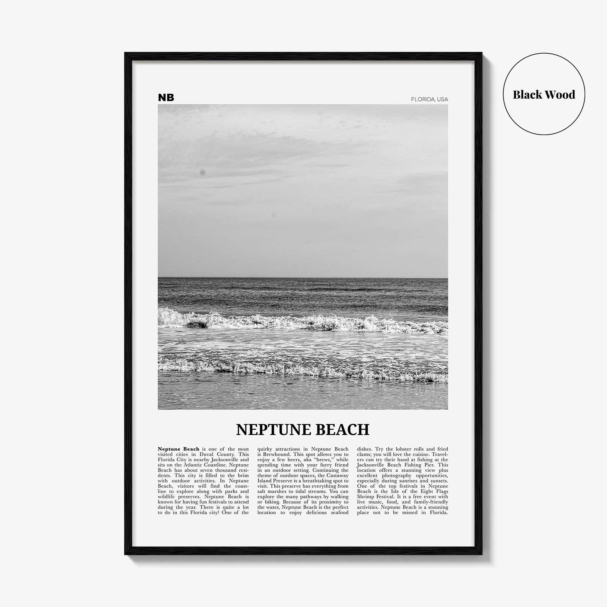 Neptune Beach Print Black and White, Neptune Beach Wall Art, Neptune Beach Poster, Neptune Beach Photo, Neptune Beach Décor, Florida, USA