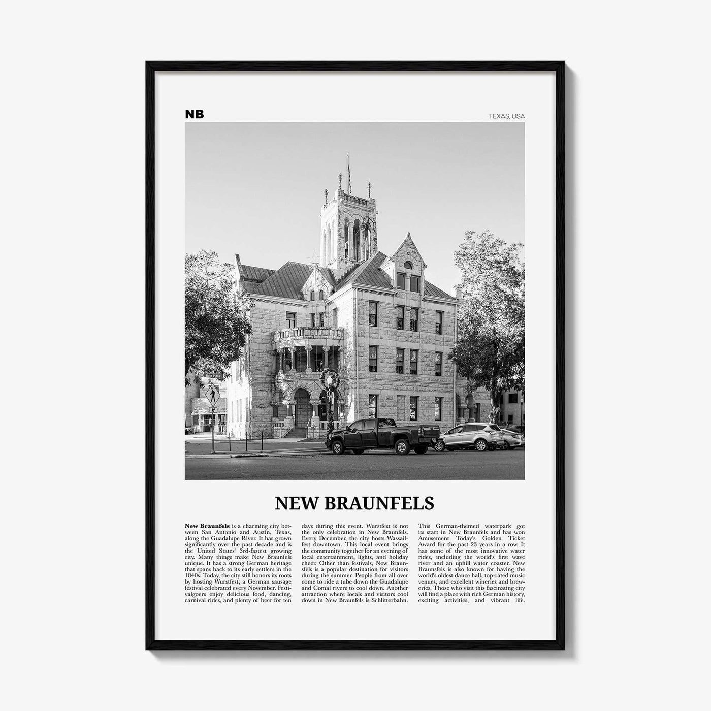 New Braunfels Print Black and White, New Braunfels Wall Art, New Braunfels Poster, New Braunfels Photo, New Braunfels Map, Texas, USA