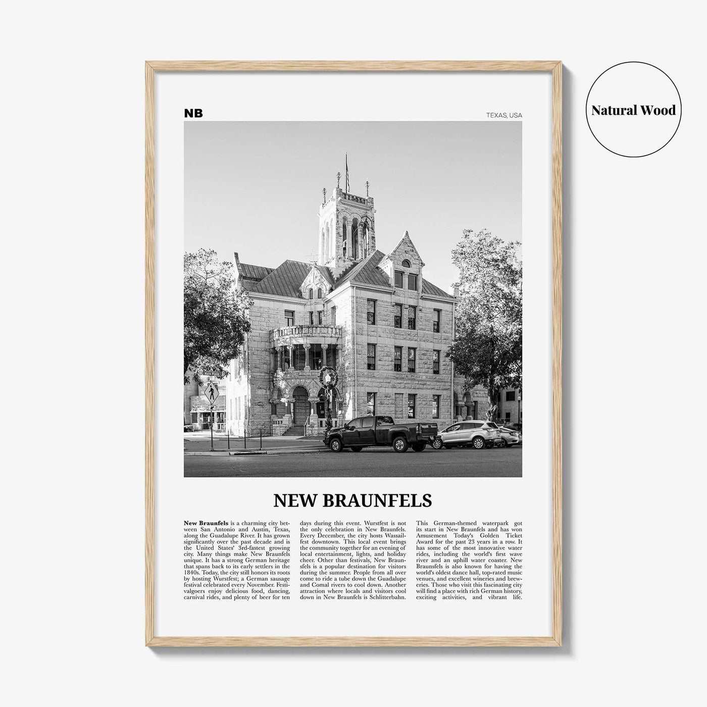 New Braunfels Print Black and White, New Braunfels Wall Art, New Braunfels Poster, New Braunfels Photo, New Braunfels Map, Texas, USA