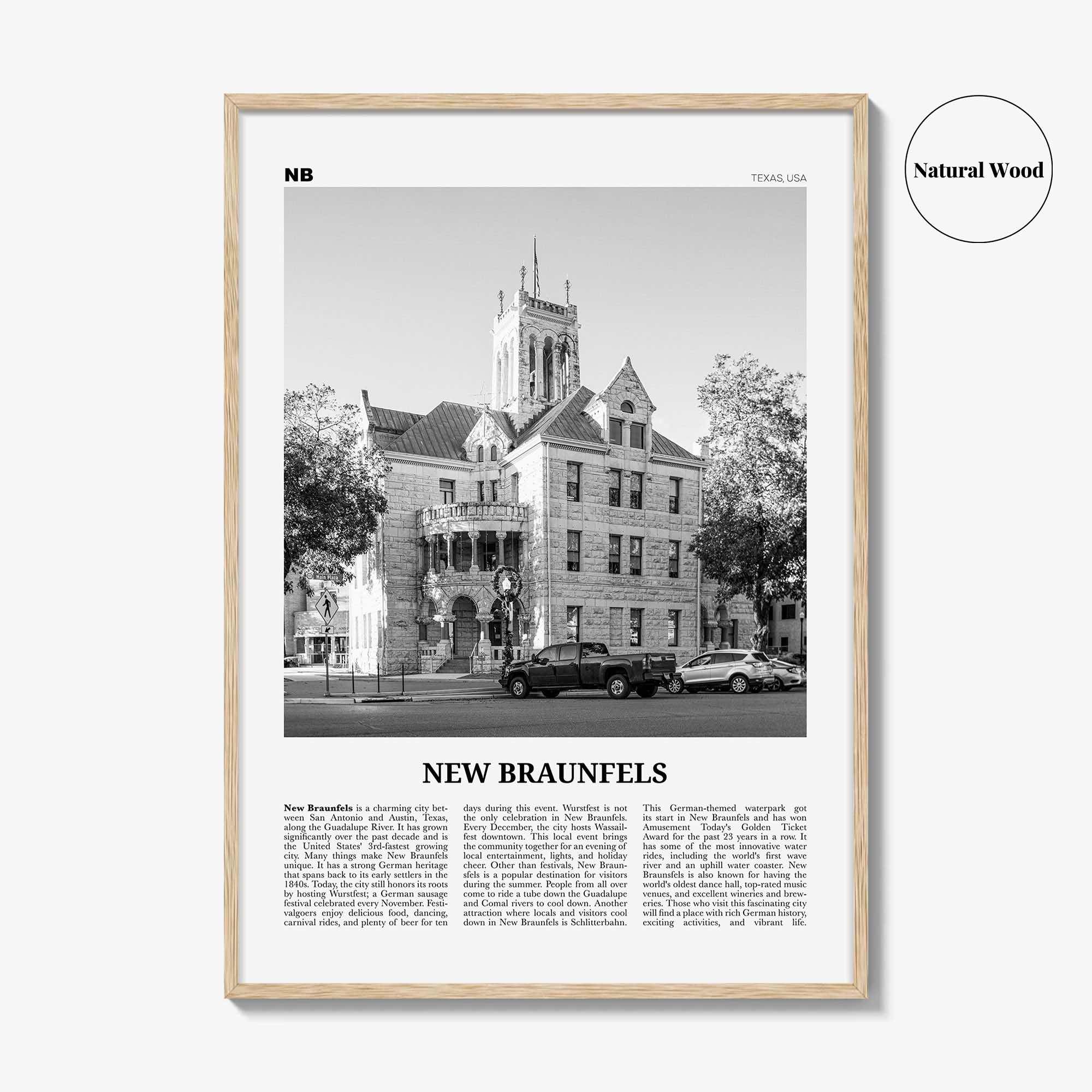 New Braunfels Print Black and White, New Braunfels Wall Art, New Braunfels Poster, New Braunfels Photo, New Braunfels Map, Texas, USA