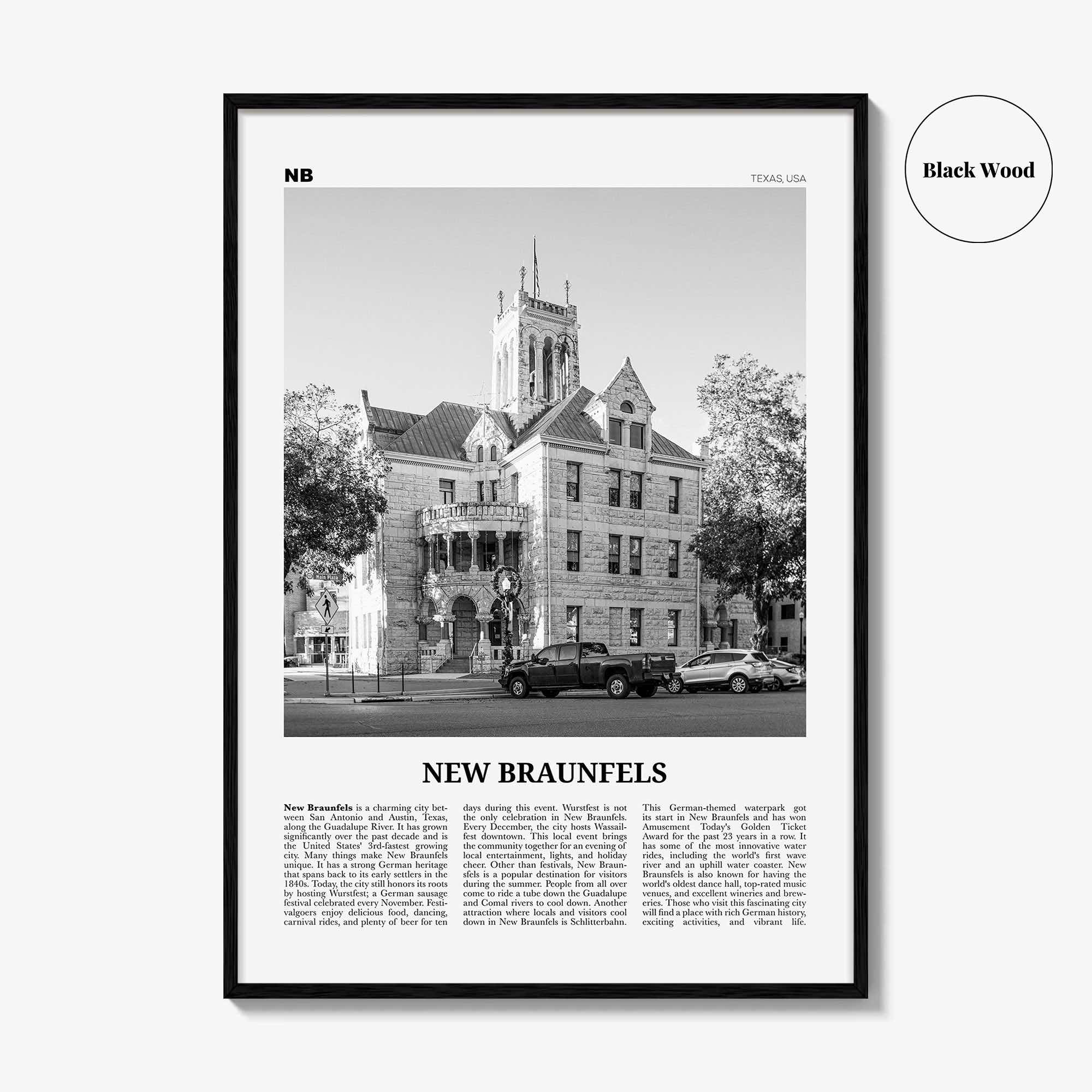 New Braunfels Print Black and White, New Braunfels Wall Art, New Braunfels Poster, New Braunfels Photo, New Braunfels Map, Texas, USA