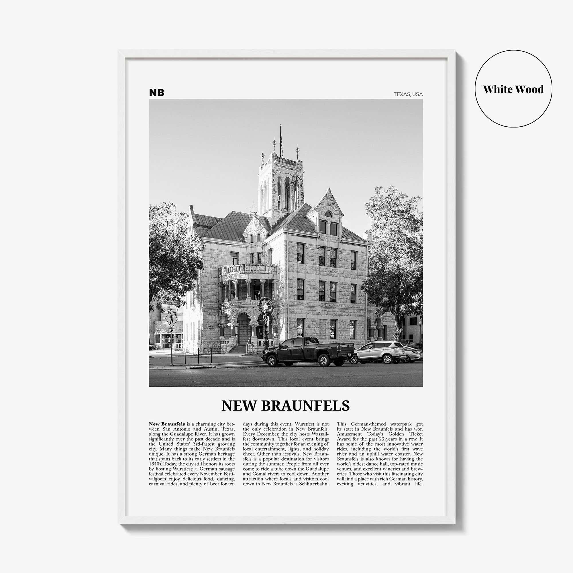 New Braunfels Print Black and White, New Braunfels Wall Art, New Braunfels Poster, New Braunfels Photo, New Braunfels Map, Texas, USA