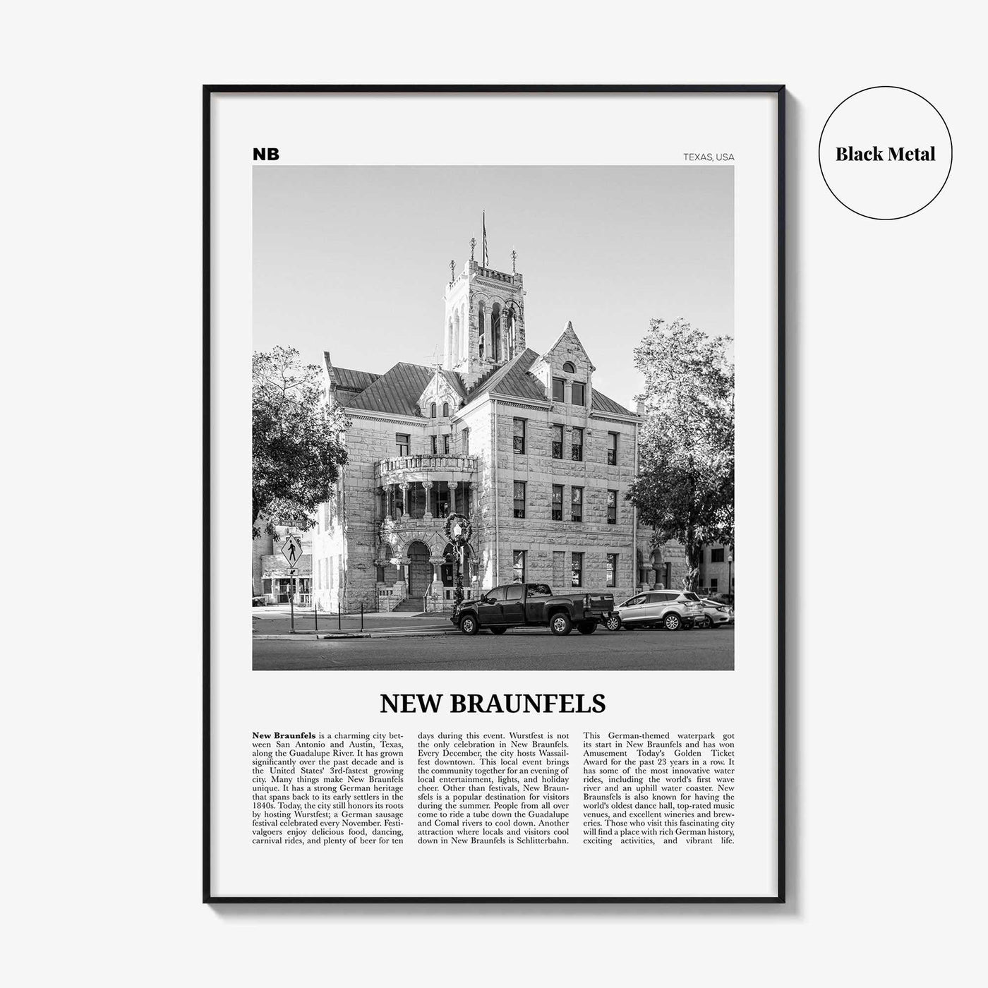 New Braunfels Print Black and White, New Braunfels Wall Art, New Braunfels Poster, New Braunfels Photo, New Braunfels Map, Texas, USA