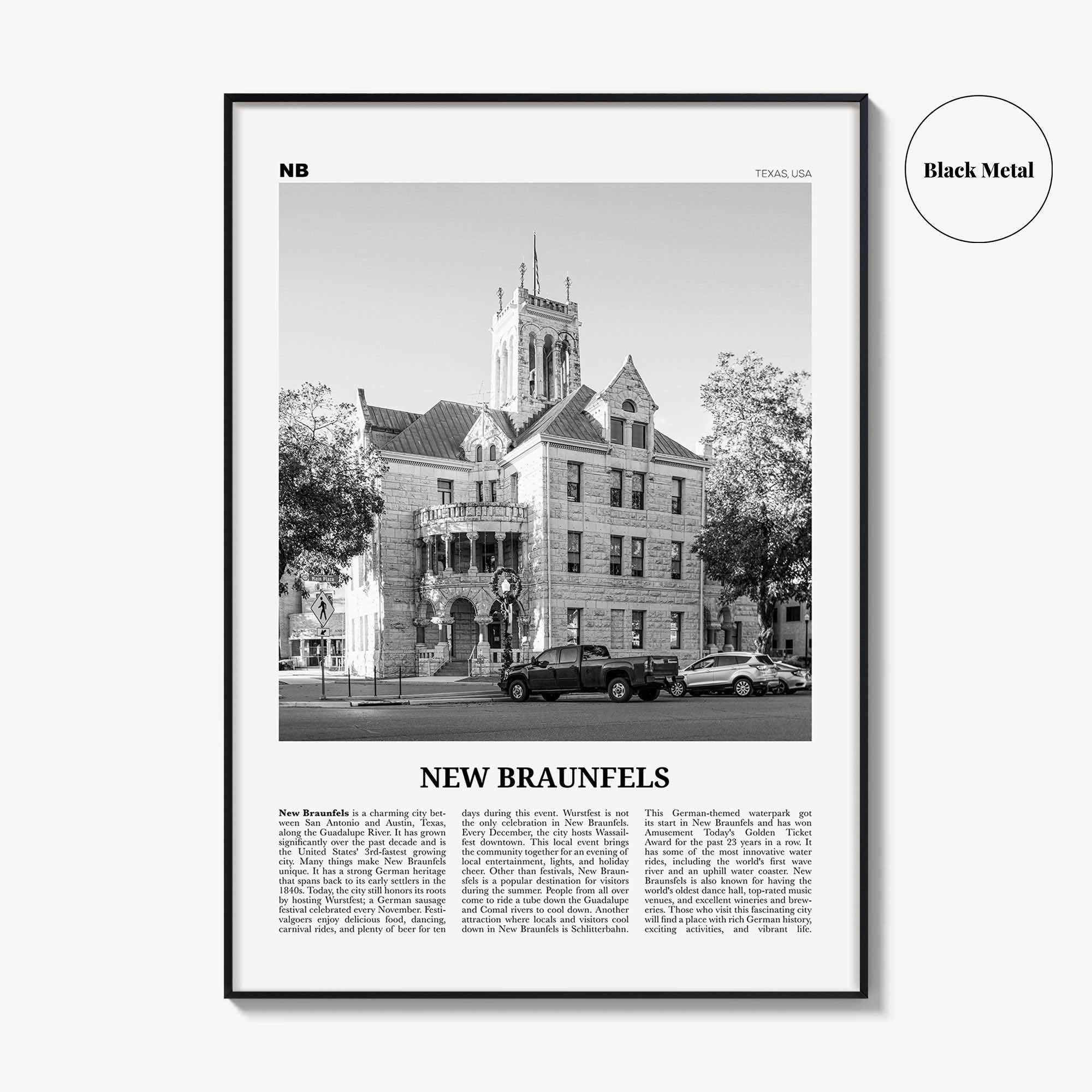 New Braunfels Print Black and White, New Braunfels Wall Art, New Braunfels Poster, New Braunfels Photo, New Braunfels Map, Texas, USA