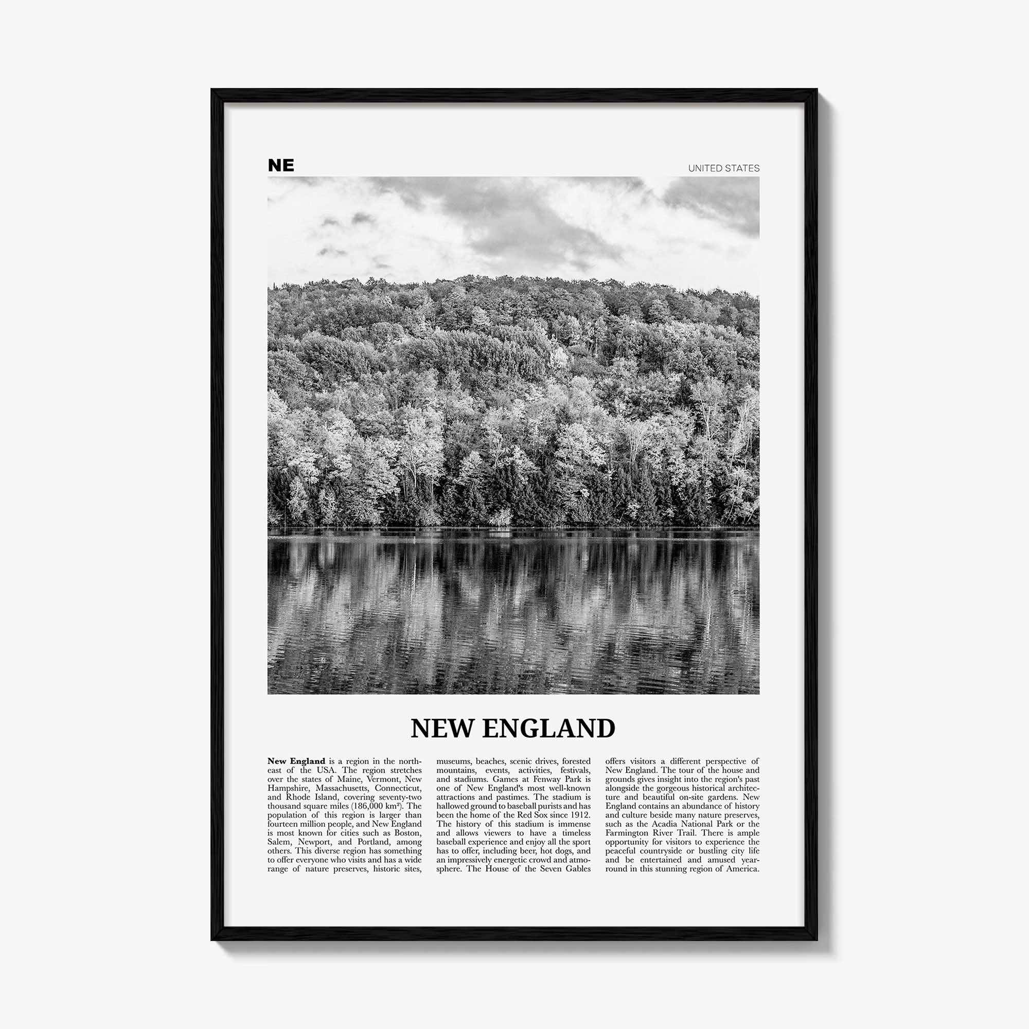 New England Print Black and White, New England Wall Art, New England Poster, New England Photo, New England Map, USA, United States