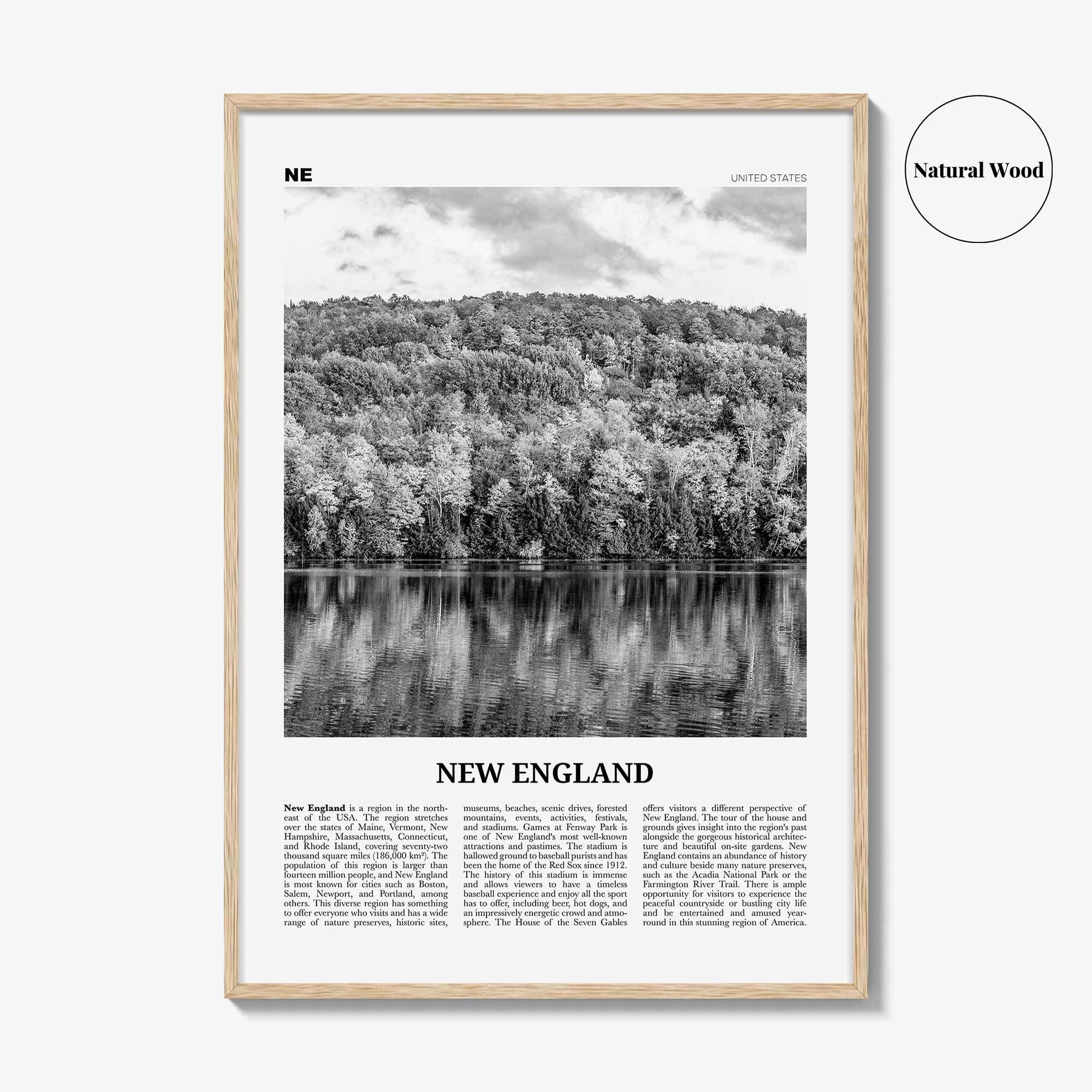 New England Print Black and White, New England Wall Art, New England Poster, New England Photo, New England Map, USA, United States