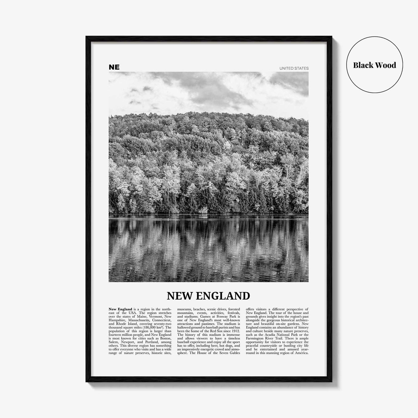 New England Print Black and White, New England Wall Art, New England Poster, New England Photo, New England Map, USA, United States