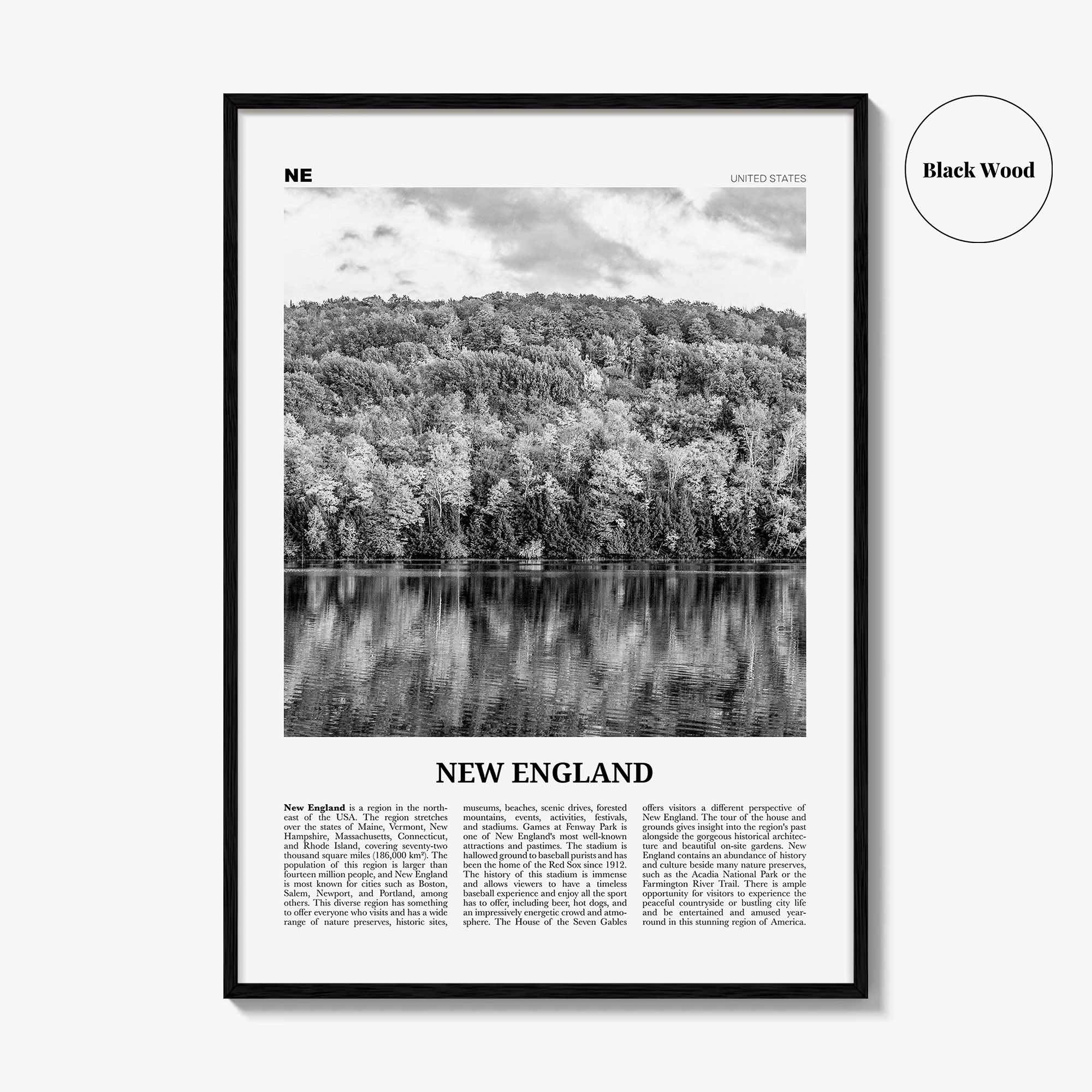 New England Print Black and White, New England Wall Art, New England Poster, New England Photo, New England Map, USA, United States