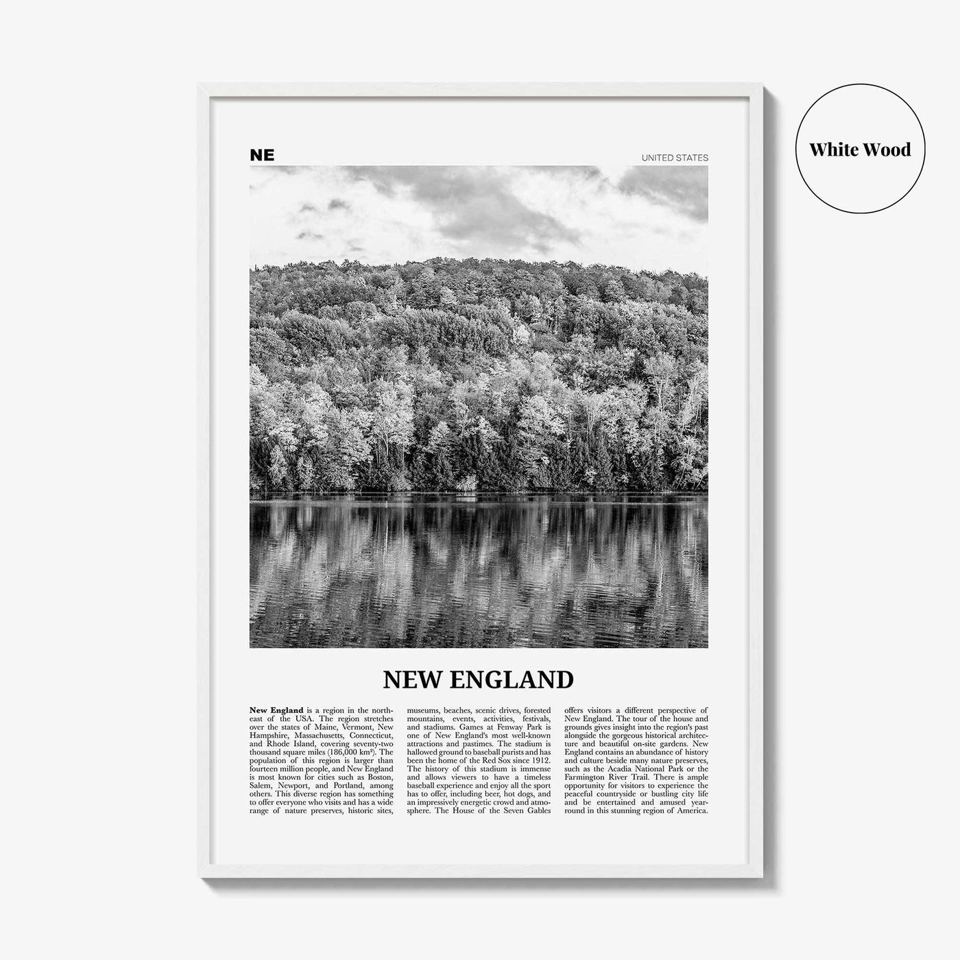 New England Print Black and White, New England Wall Art, New England Poster, New England Photo, New England Map, USA, United States