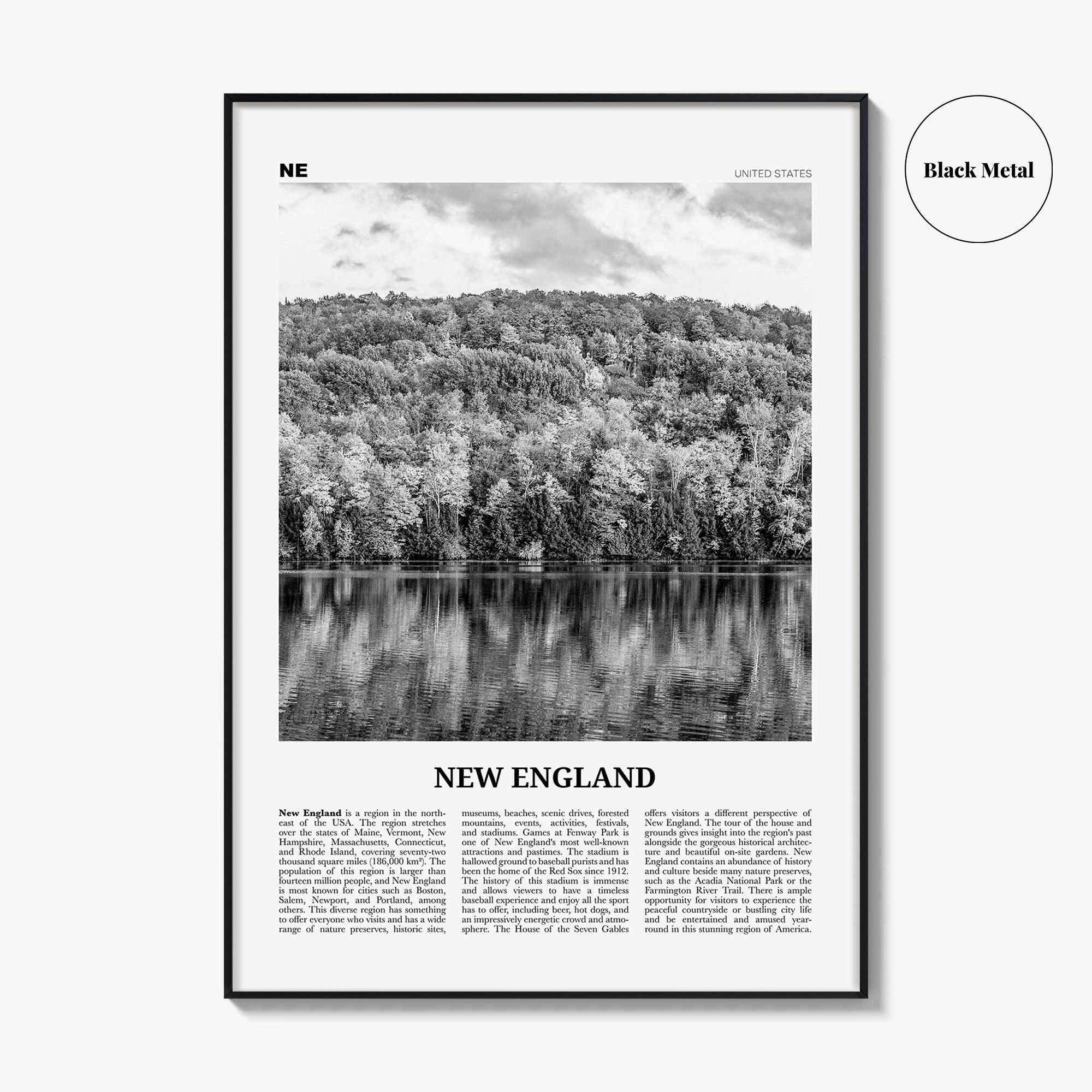 New England Print Black and White, New England Wall Art, New England Poster, New England Photo, New England Map, USA, United States