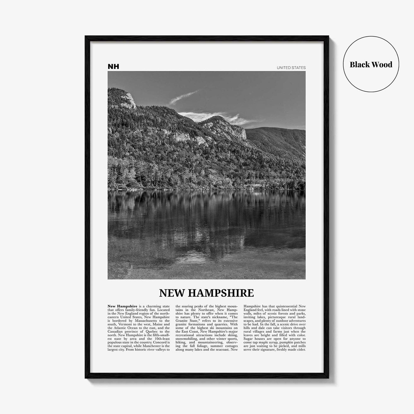 New Hampshire Print Black and White No 1, New Hampshire Art, New Hampshire Poster, New Hampshire Photo, New Hampshire Map