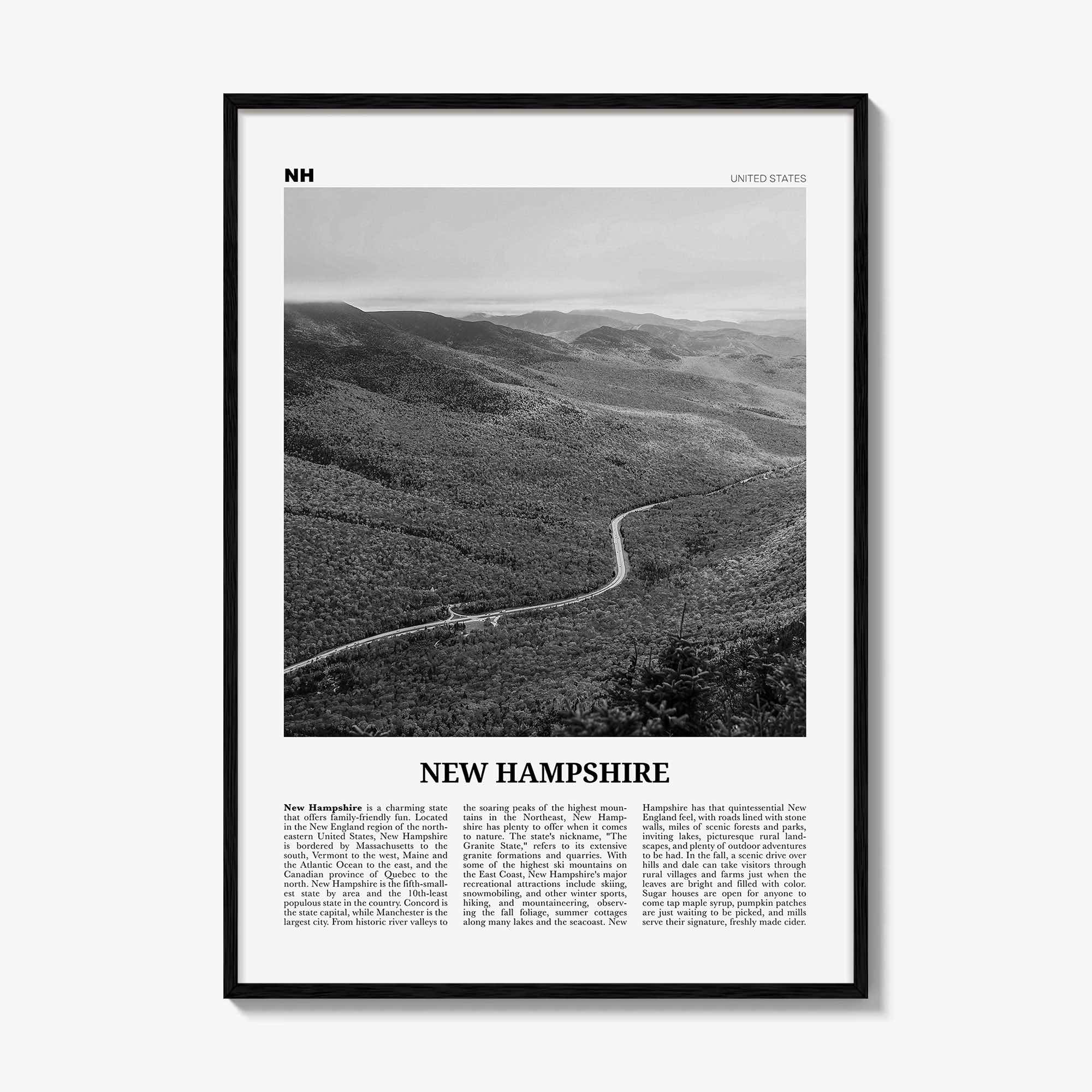New Hampshire Print Black and White No 2, New Hampshire Art, New Hampshire Poster, New Hampshire Photo, New Hampshire Map
