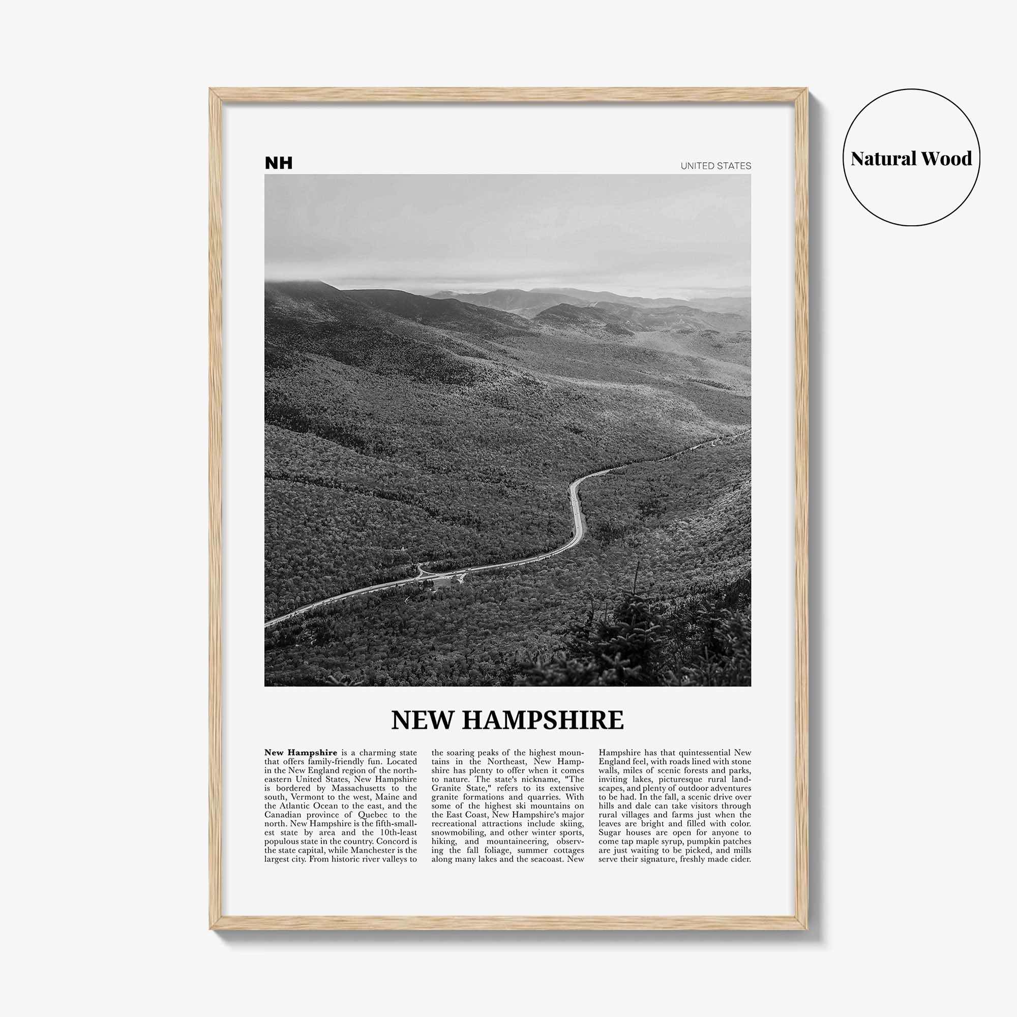 New Hampshire Print Black and White No 2, New Hampshire Art, New Hampshire Poster, New Hampshire Photo, New Hampshire Map