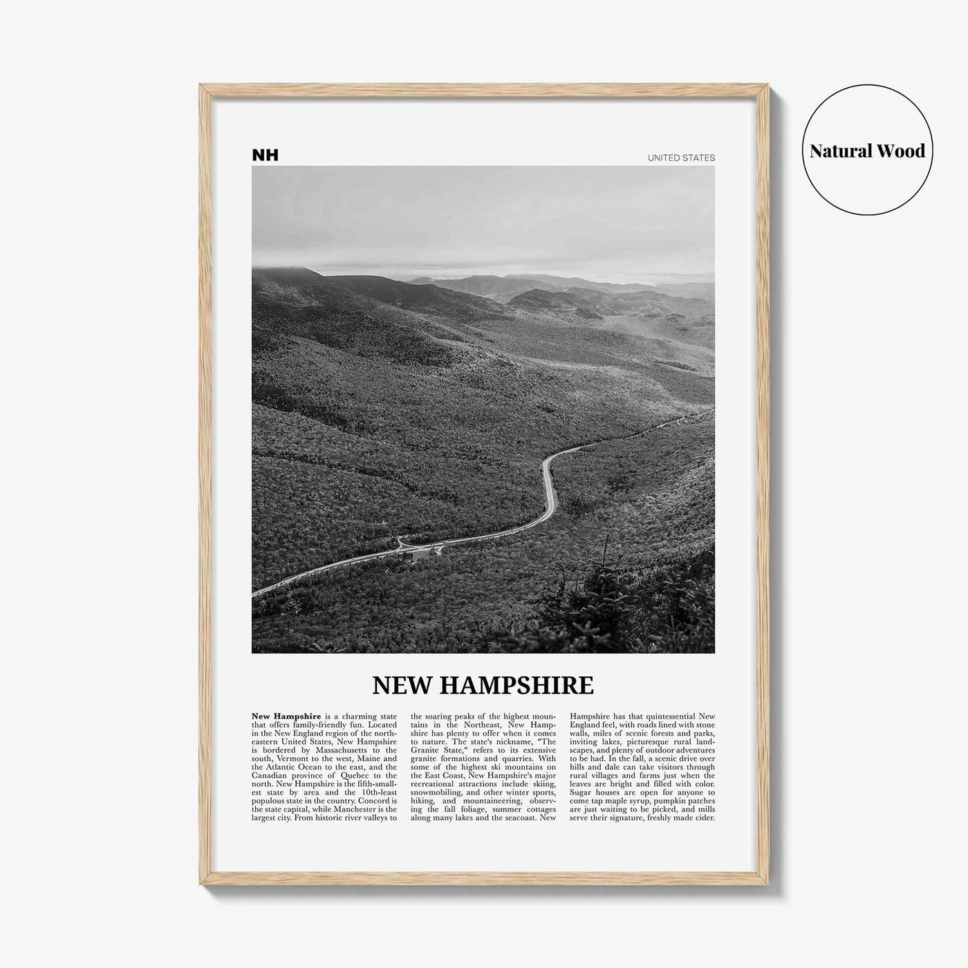 New Hampshire Print Black and White No 2, New Hampshire Art, New Hampshire Poster, New Hampshire Photo, New Hampshire Map