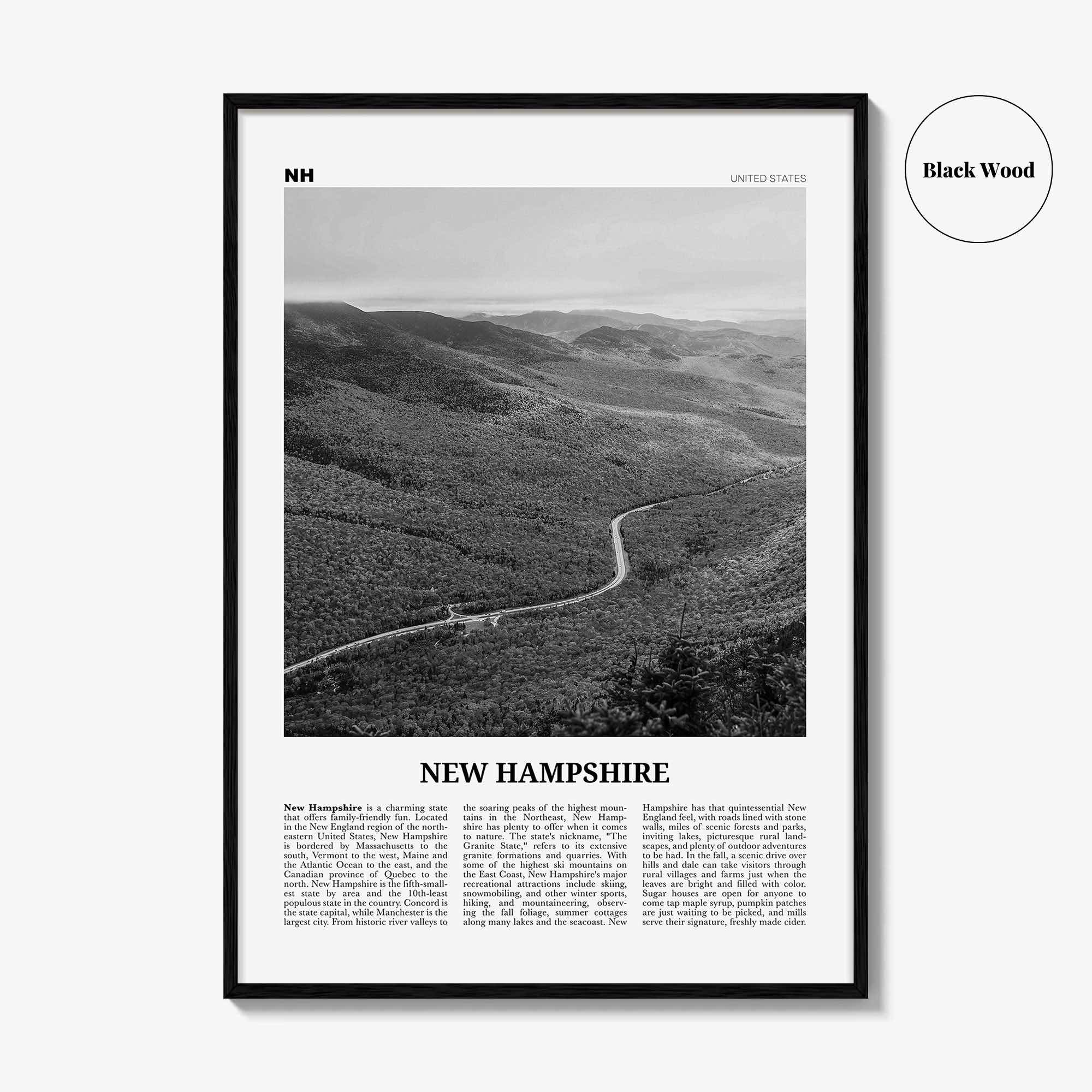 New Hampshire Print Black and White No 2, New Hampshire Art, New Hampshire Poster, New Hampshire Photo, New Hampshire Map