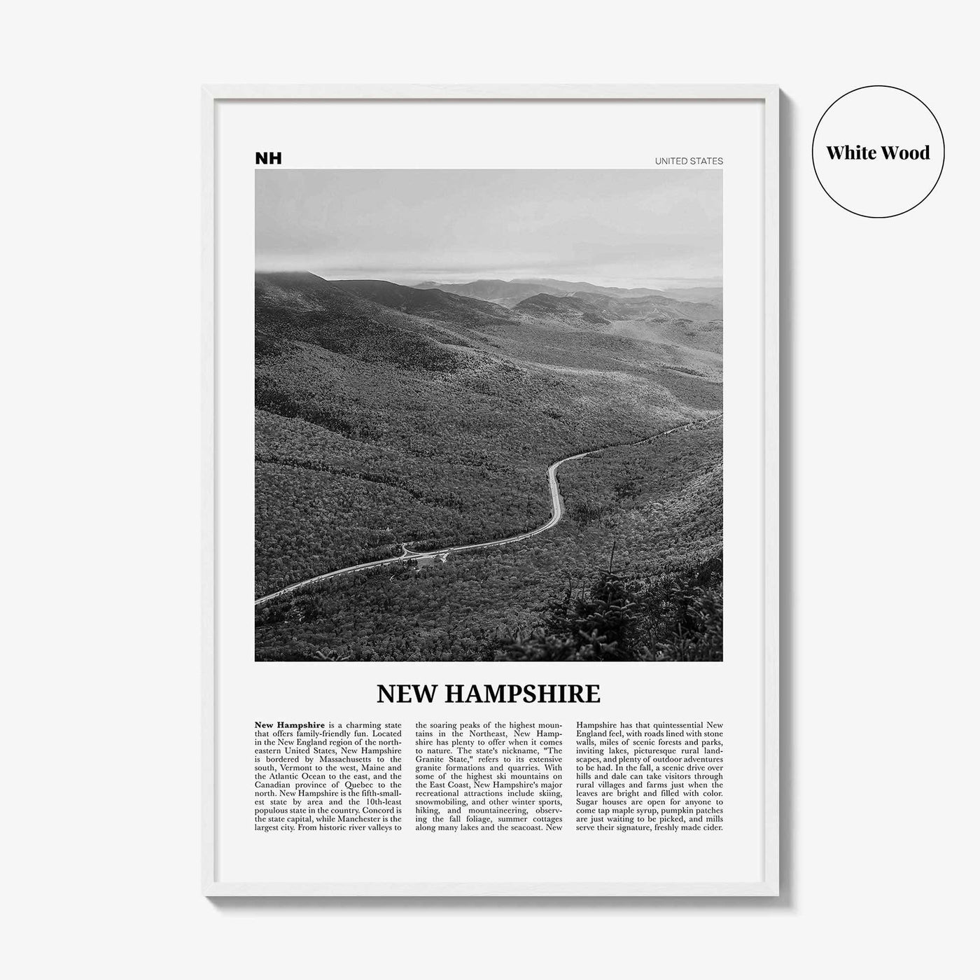 New Hampshire Print Black and White No 2, New Hampshire Art, New Hampshire Poster, New Hampshire Photo, New Hampshire Map