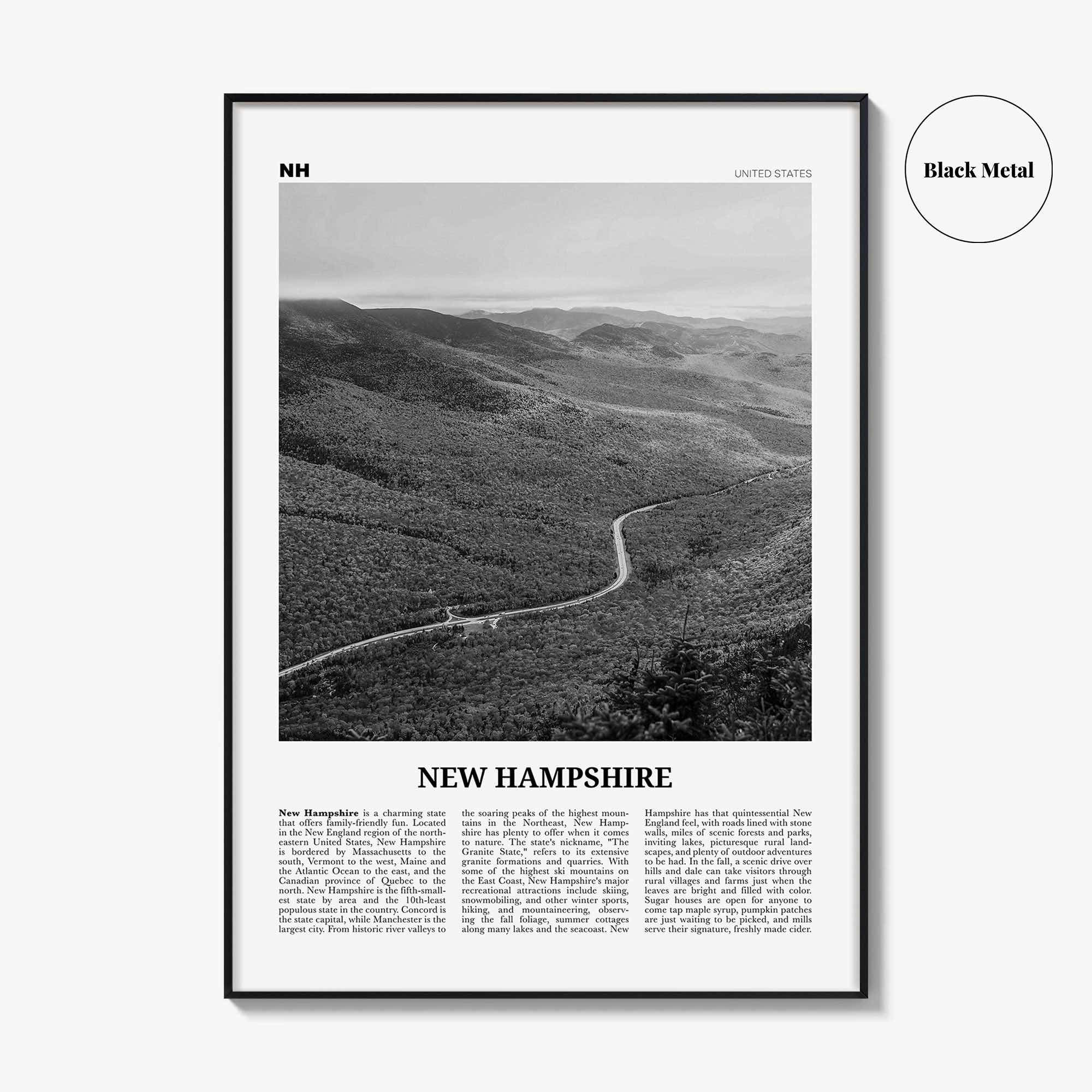 New Hampshire Print Black and White No 2, New Hampshire Art, New Hampshire Poster, New Hampshire Photo, New Hampshire Map