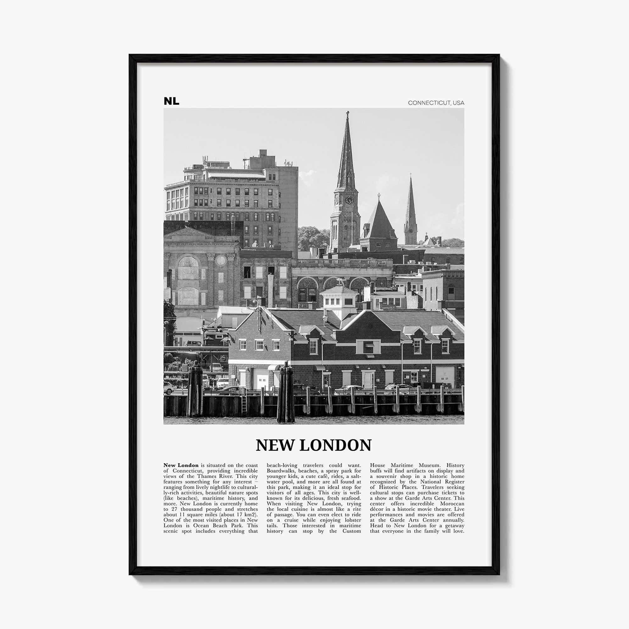 New London Print Black and White, New London Wall Art, New London Poster, New London Photo, New London Map, Connecticut, USA