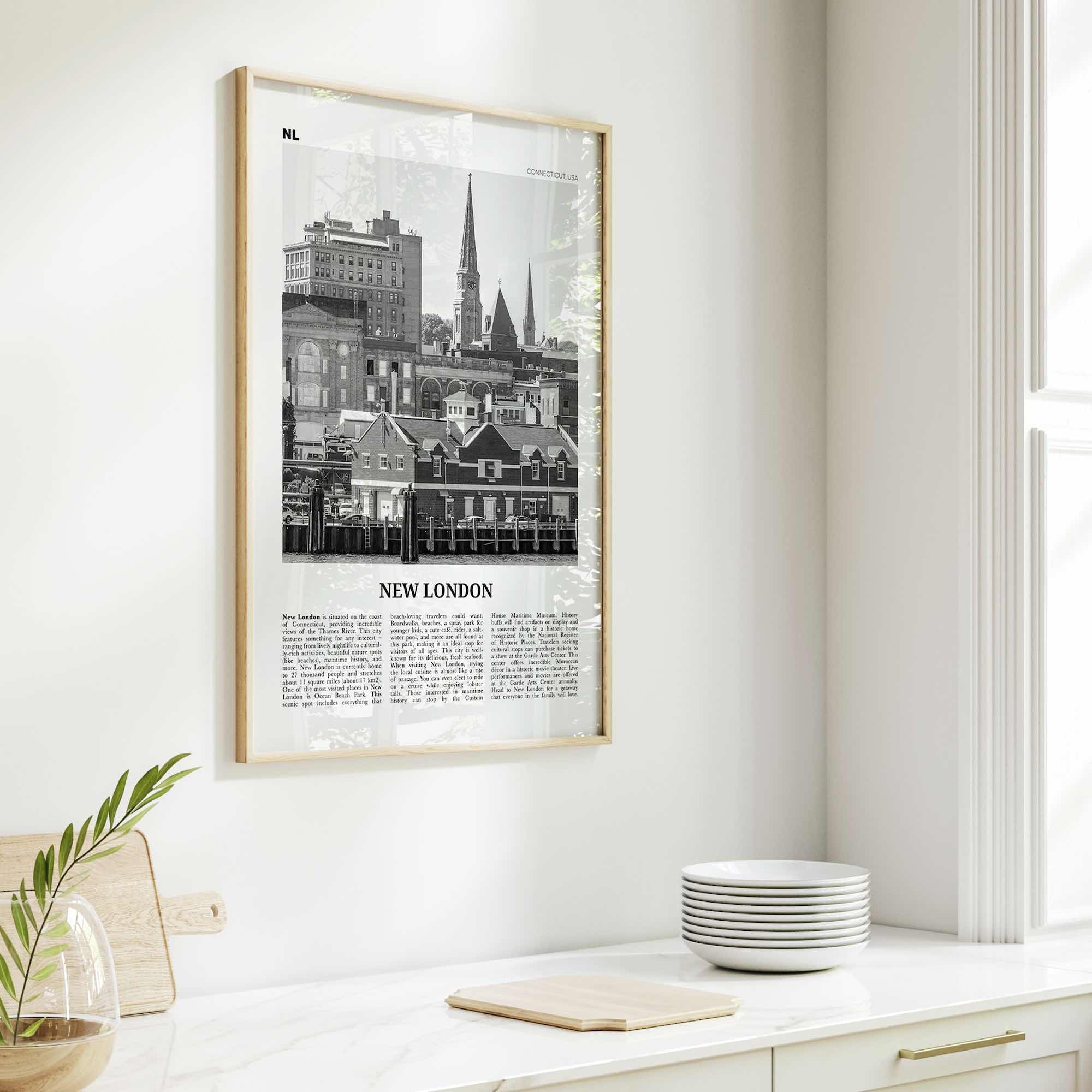 New London Print Black and White, New London Wall Art, New London Poster, New London Photo, New London Map, Connecticut, USA